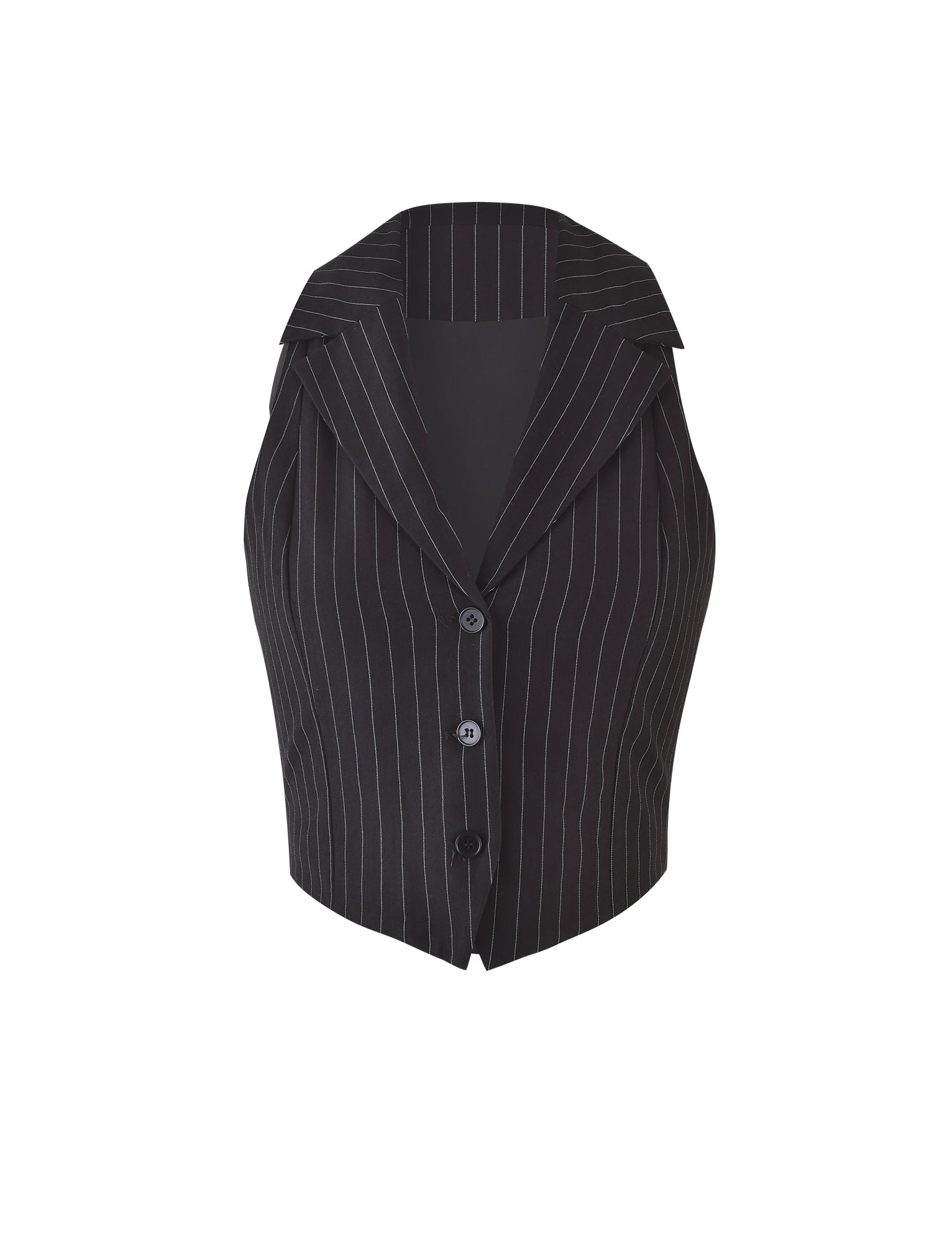 The TAMARA VEST - BLACK : PINSTRIPE by TIGERMIST is a black pinstriped waistcoat with a tailored fit, featuring a notched collar and three buttons down the front. This sleeveless waistcoat has a fitted design and is showcased on a plain white background.