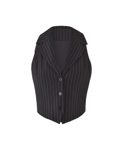 The TAMARA VEST - BLACK : PINSTRIPE by TIGERMIST is a black pinstriped waistcoat with a tailored fit, featuring a notched collar and three buttons down the front. This sleeveless waistcoat has a fitted design and is showcased on a plain white background.