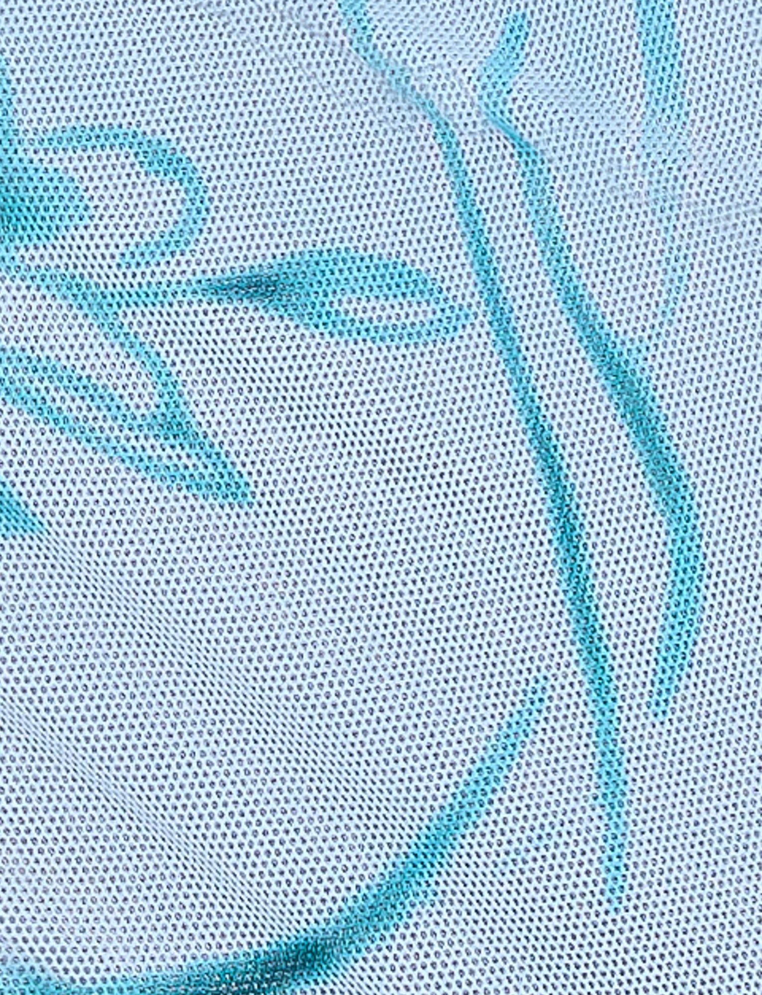 Close-up of the ELVERA SHORT - BLUE : OMBRE from TIGERMIST. The design showcases a textured, white fabric with a subtle turquoise abstract pattern, characterized by flowing lines and shapes that evoke a minimalist and artistic illustration. This light and airy fabric features visible mesh-like perforations, ideal for achieving an elegant yet modern look.