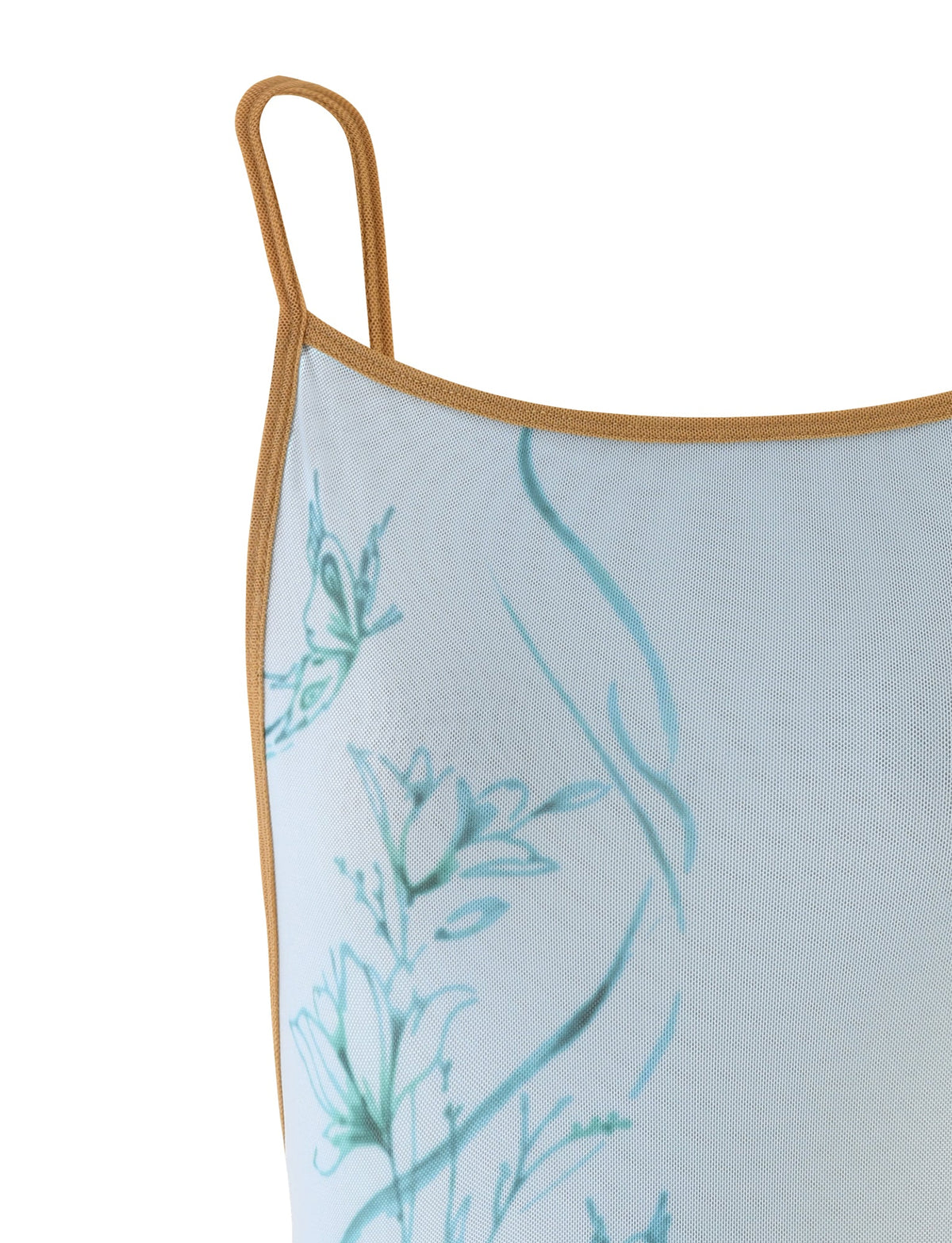 A close-up of the ELVERA TOP - BLUE : GRADIENT FLORAL by TIGERMIST, showcasing its exquisite mesh material adorned with a floral design. The pattern features light blue flowers and swirling lines on a white background, producing a gradient blue print effect. Elegant thin, brown shoulder straps complete the sophisticated look.
