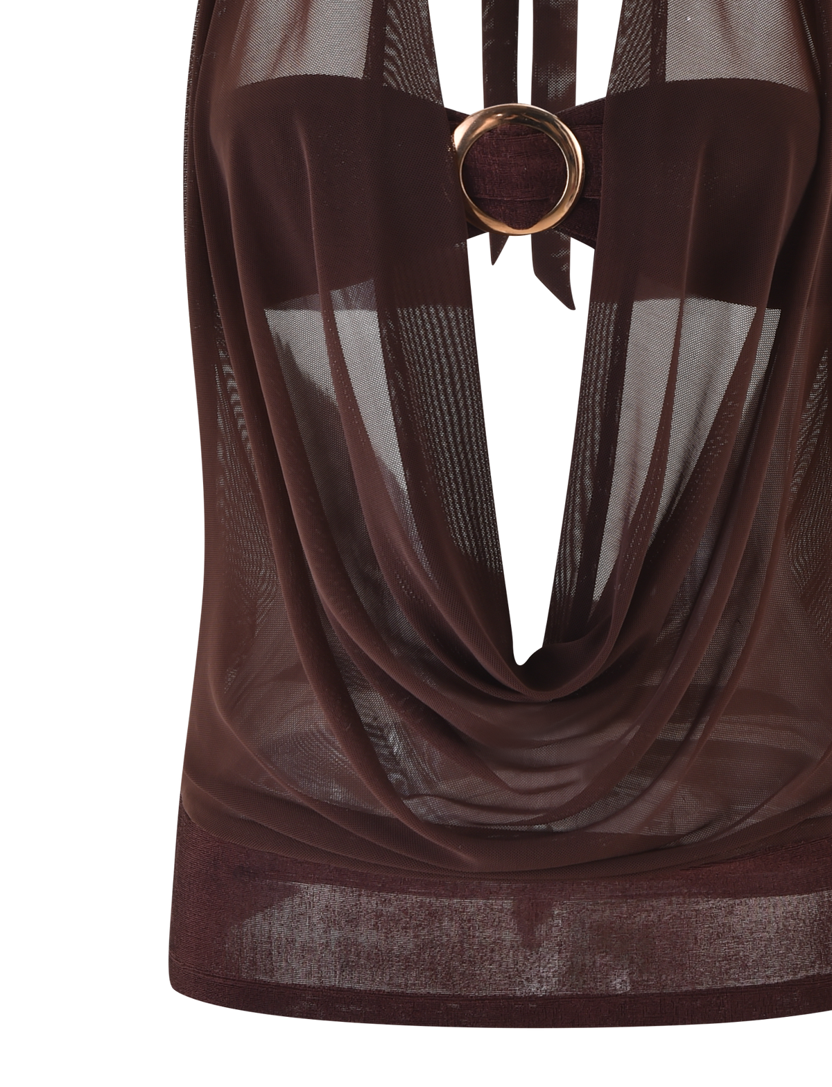 Meet the MAKENA TWO-PIECE TOP - BROWN: CHOCOLATE by TIGERMIST—a sheer chocolate brown sleeveless mesh top featuring a draped cowl neckline and bold gold ring detail at the chest.