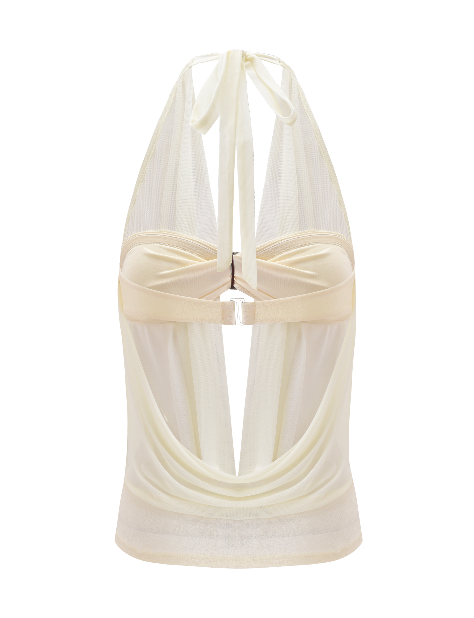 The TIGERMIST MAKENA TWO-PIECE TOP - IVORY is a sheer, light ivory mesh halter with a cowl neck, low draped back, supportive underbust band, tie-neck closure, and soft, semi-transparent fabric.