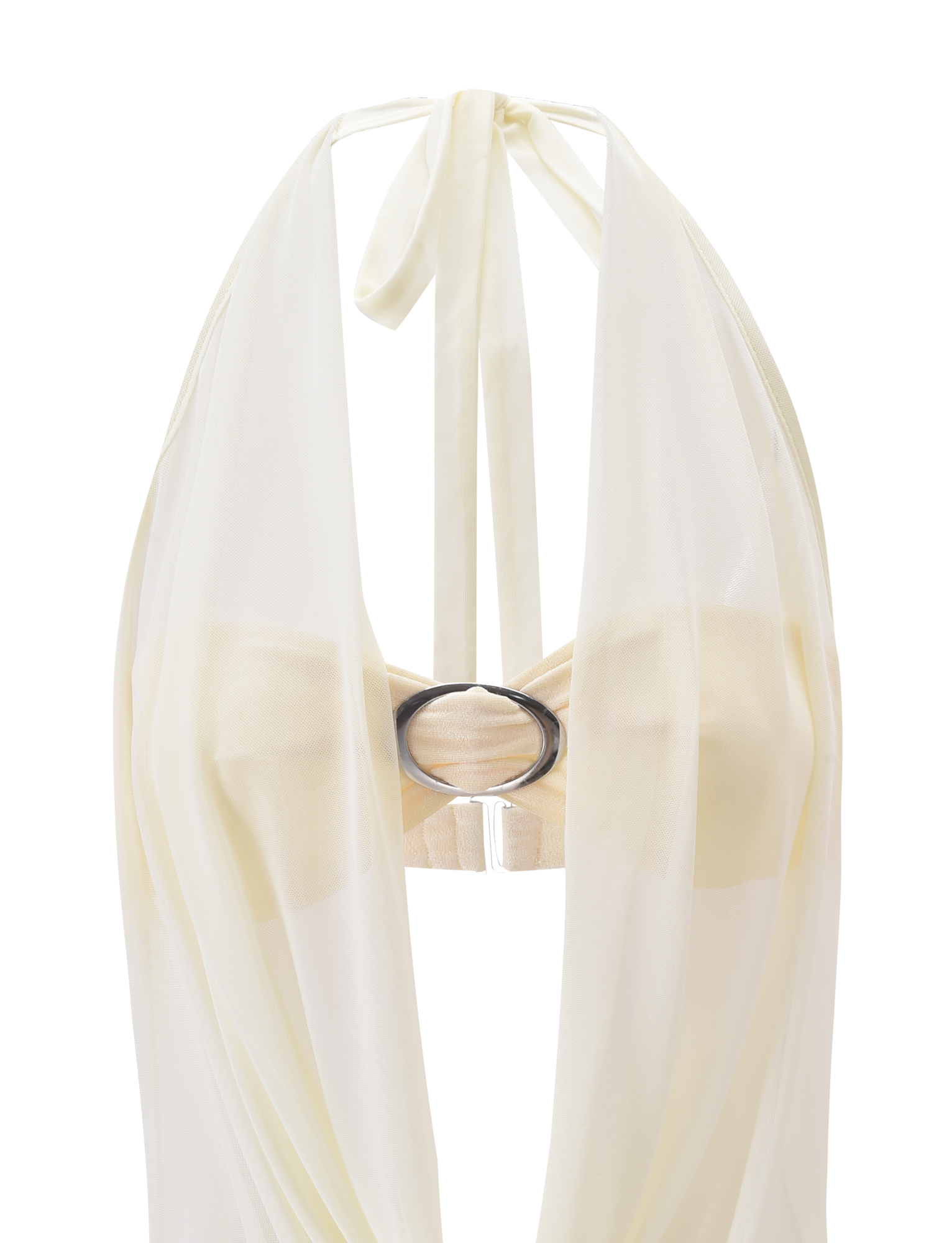 The TIGERMIST MAKENA TWO-PIECE TOP in ivory features a sheer mesh cowl neck halter design with a plunging neckline, black circular ring at the center front, and a tie closure at the neck.