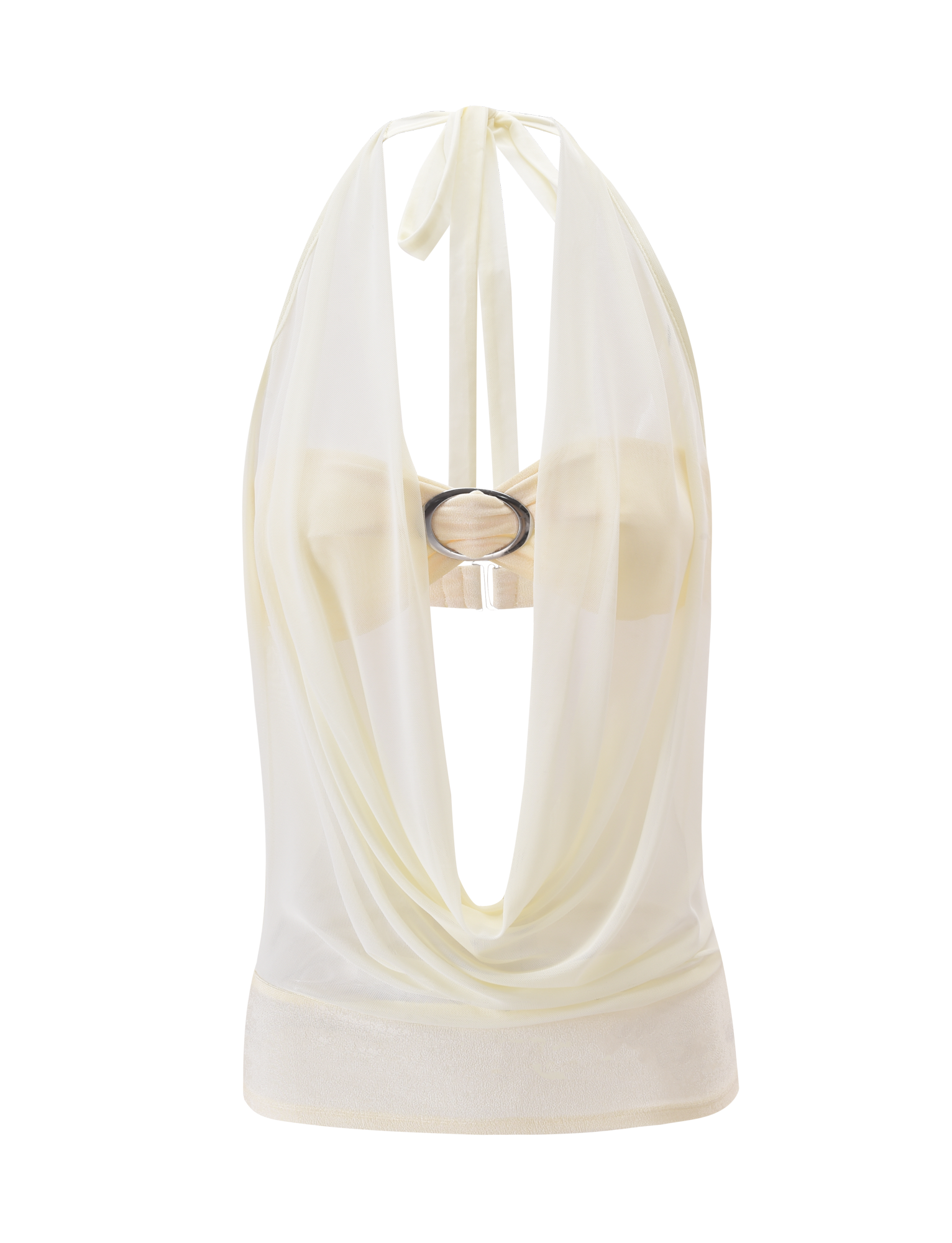 The sheer mesh ivory halter features a draped cowl neck, open back, and silver ring accent—perfect for pairing with the TIGERMIST MAKENA TWO-PIECE TOP - IVORY or a strapless sheen knit bra.