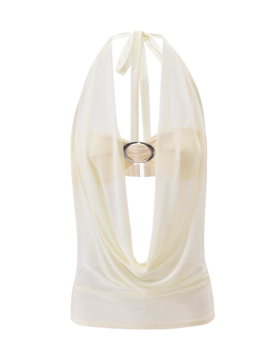 The sheer mesh ivory halter features a draped cowl neck, open back, and silver ring accent—perfect for pairing with the TIGERMIST MAKENA TWO-PIECE TOP - IVORY or a strapless sheen knit bra.