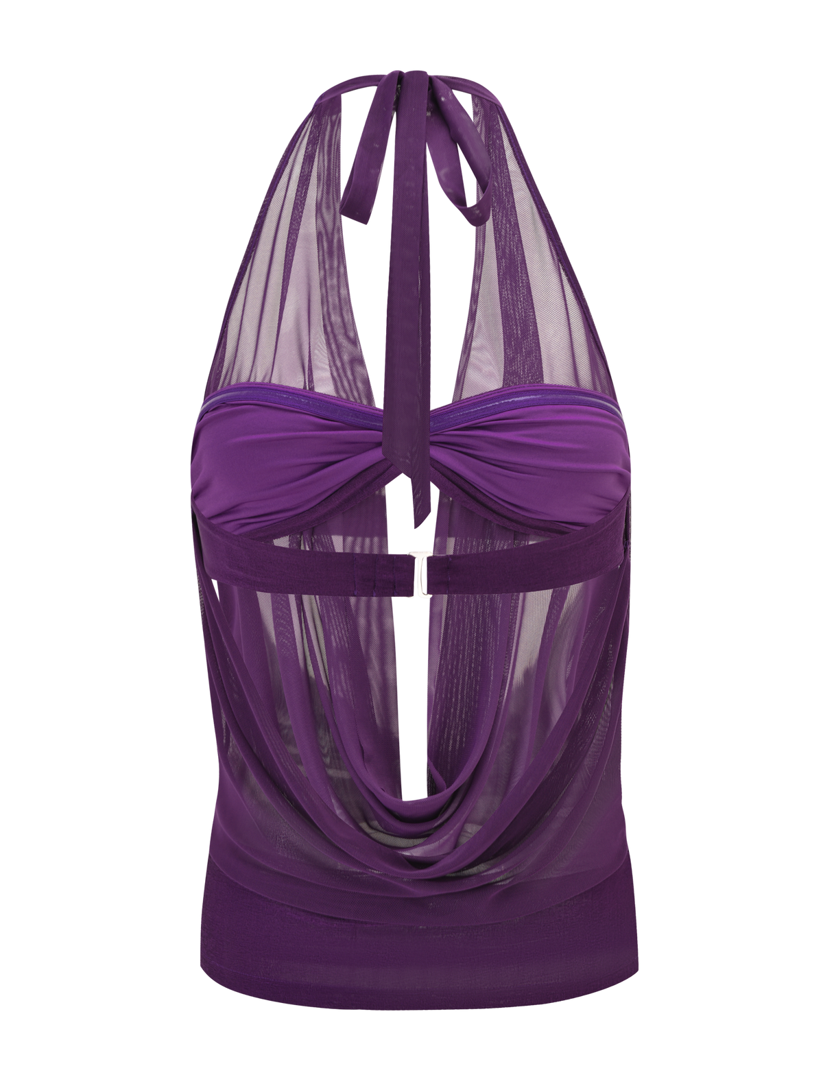 The MAKENA TWO-PIECE TOP - PURPLE by TIGERMIST features a cowl neck halter, sheer mesh fabric, open back with center clasp, and elegant draped and gathered details for a unique look.