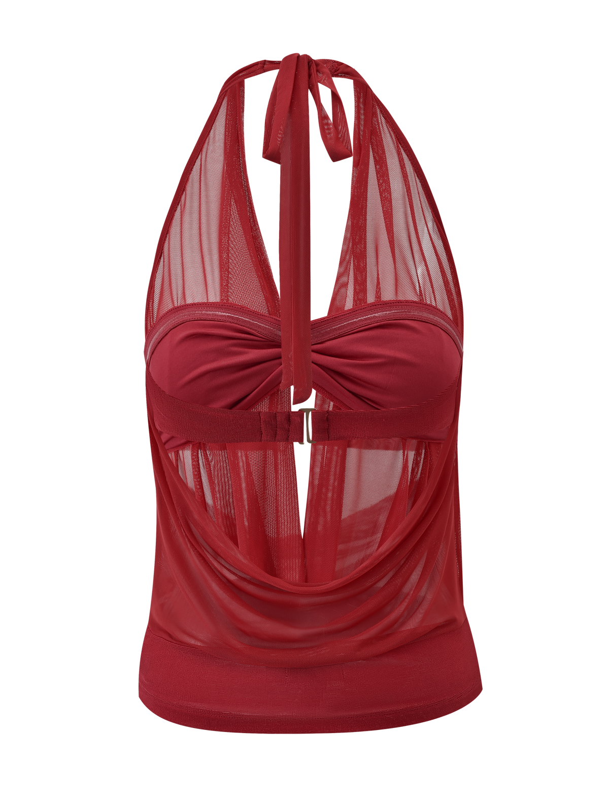 The MAKENA TWO-PIECE TOP - RED by TIGERMIST is a red halter-neck crop top featuring sheer mesh cowl neck fabric, a draped front, twisted bust detail, and an open back with tie-neck and clasp closure.