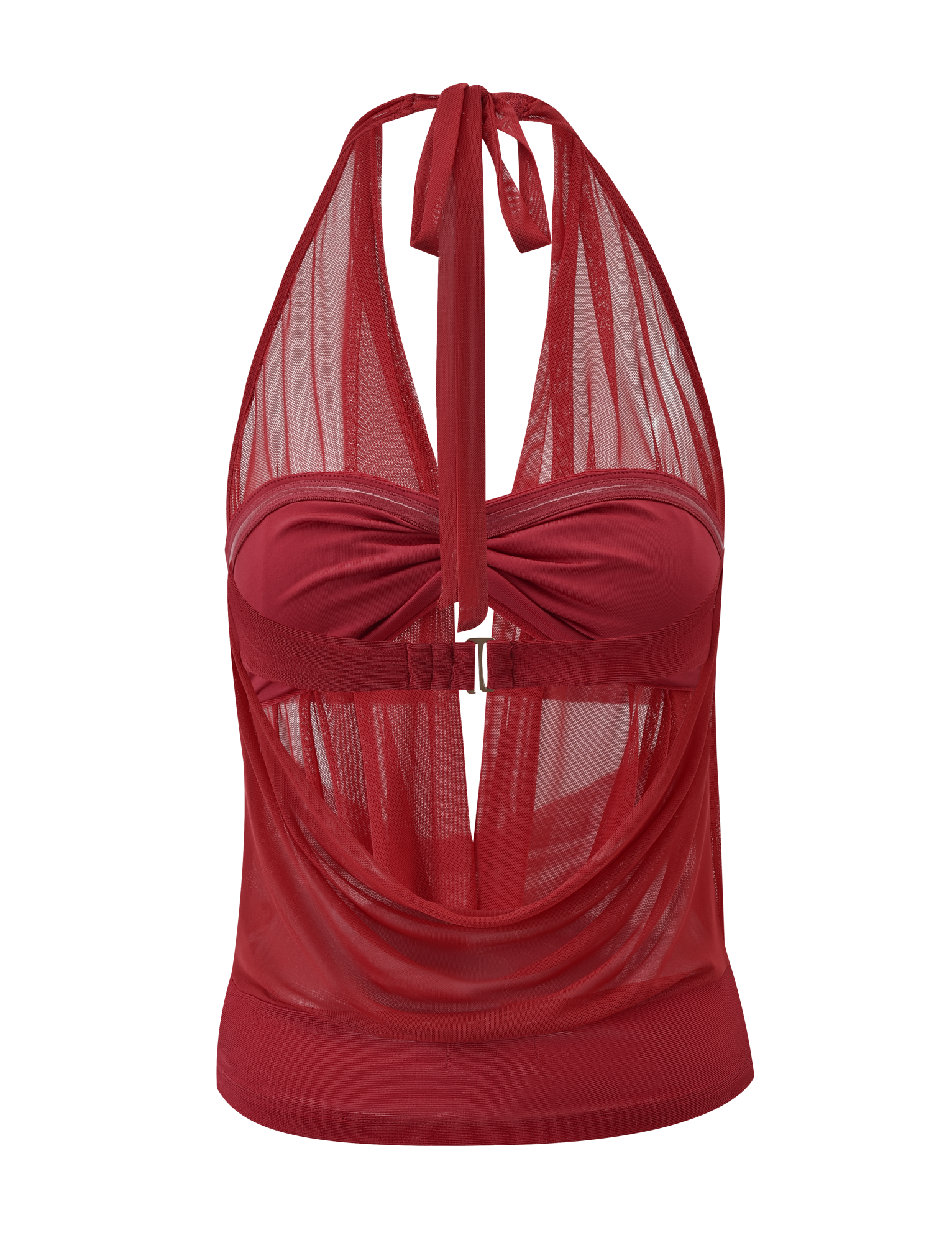 The MAKENA TWO-PIECE TOP - RED by TIGERMIST is a red halter-neck crop top featuring sheer mesh cowl neck fabric, a draped front, twisted bust detail, and an open back with tie-neck and clasp closure.