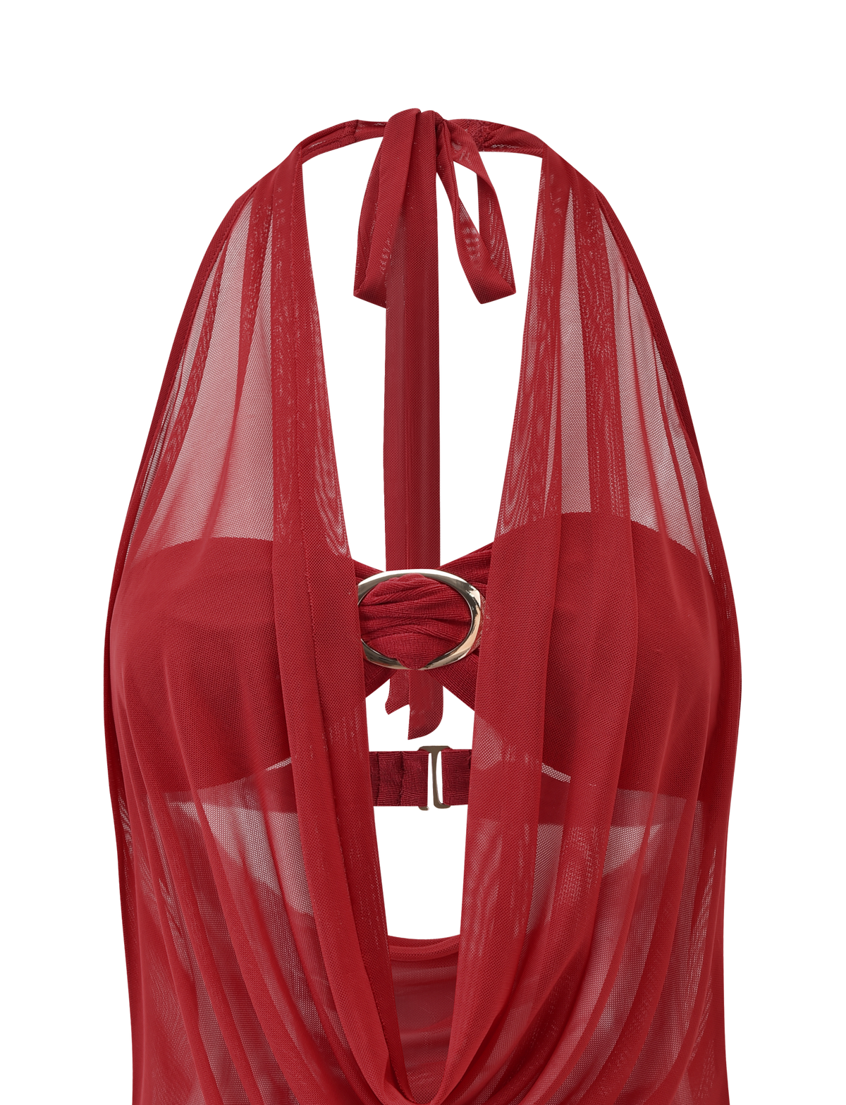 The TIGERMIST MAKENA TWO-PIECE TOP - RED is a sheer top with a deep mesh cowl neck, neck tie, and gold ring on the chest with fabric loops, creating a stylish front cutout effect.