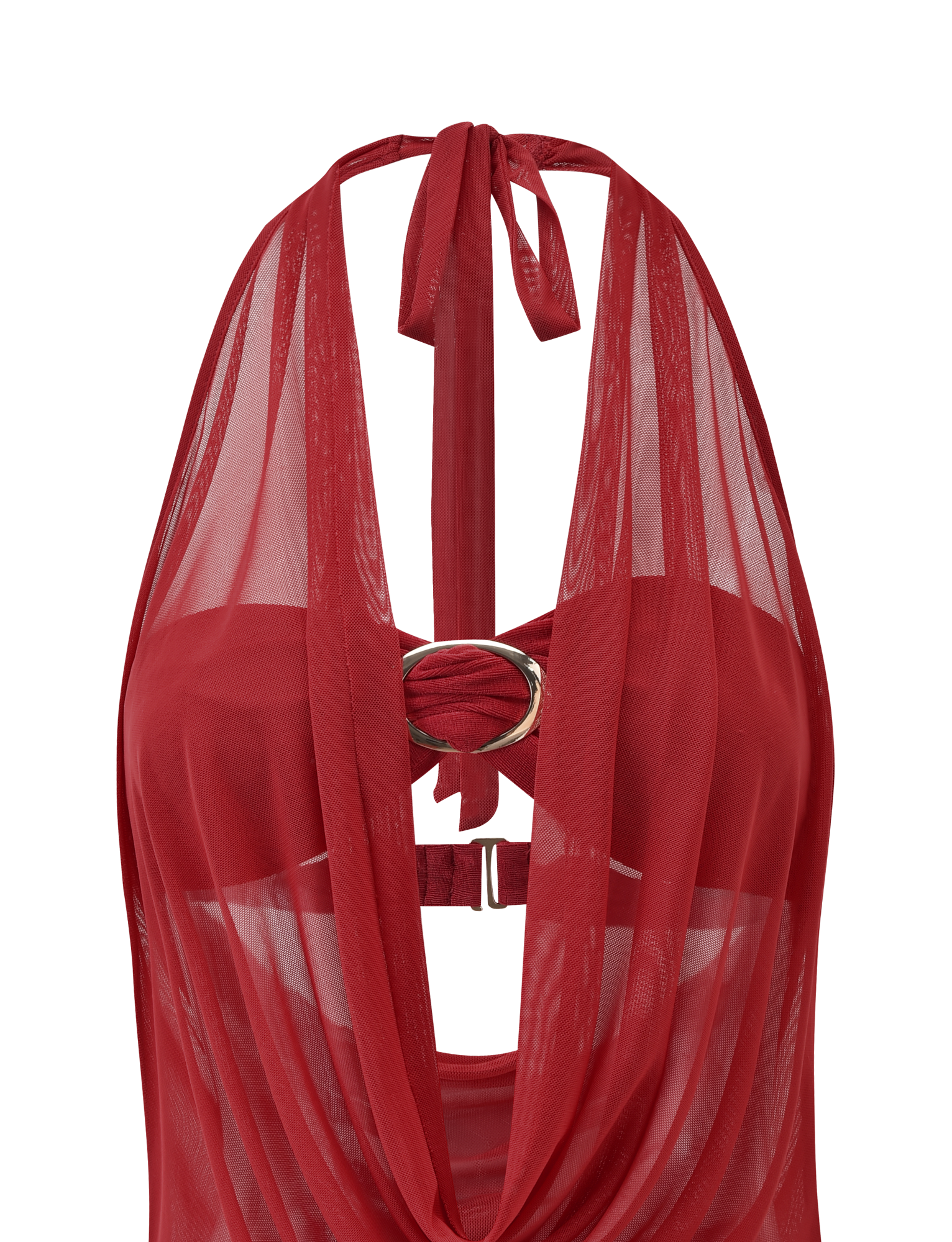 The TIGERMIST MAKENA TWO-PIECE TOP - RED is a sheer top with a deep mesh cowl neck, neck tie, and gold ring on the chest with fabric loops, creating a stylish front cutout effect.