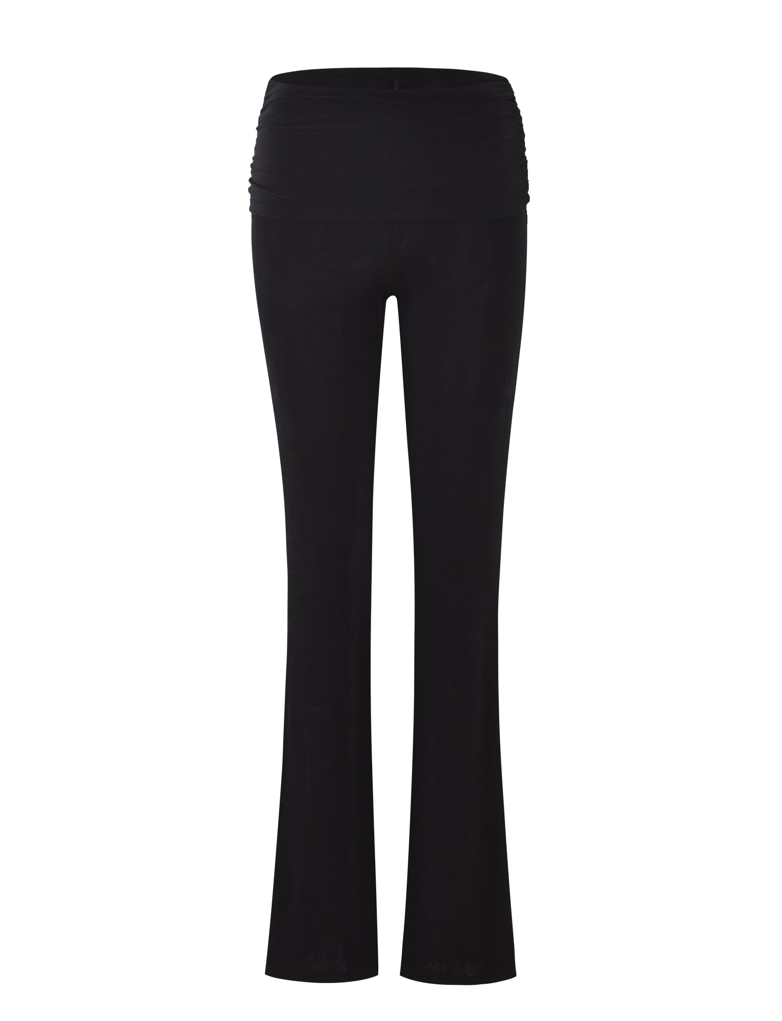 The MAKENA PANT - BLACK from TIGERMIST features a wide, high waistband for belly support and a bootcut leg style. The soft and stretchy fabric is designed to provide comfort during pregnancy, with ruched sides on the waistband.