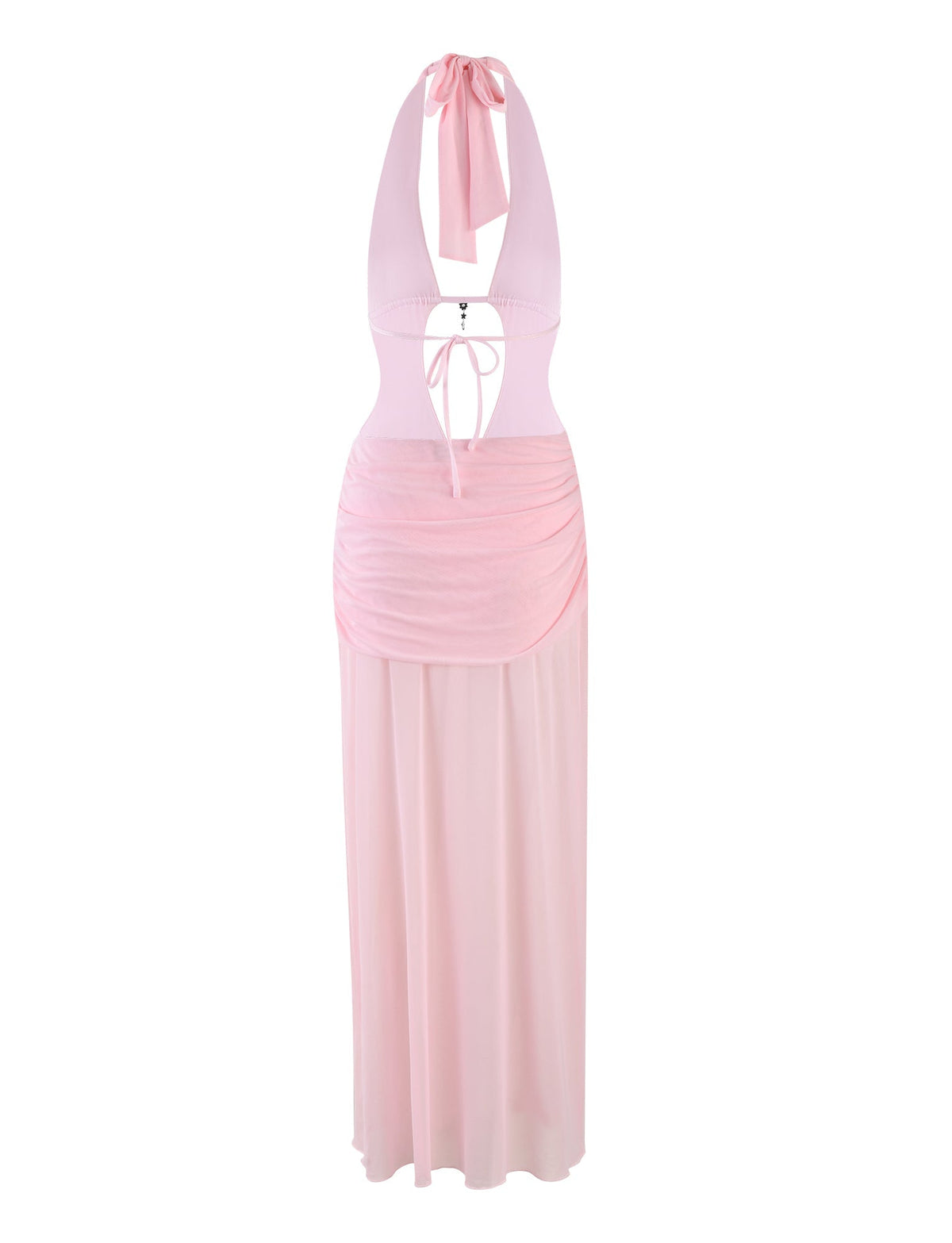 The ESHA MAXI DRESS - PINK: BABY PINK by TIGERMIST is a light pink halter neck maxi dress with a plunging neckline, keyhole bodice, and ruched waist. It features sheer, flowing fabric from the waist downward, adding a delicate and elegant touch.