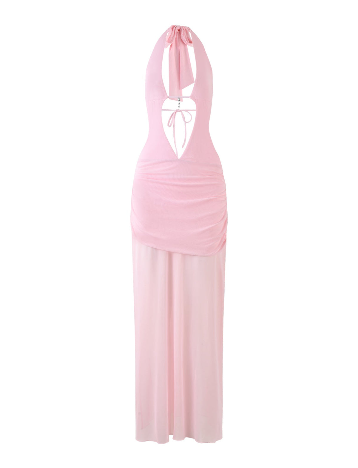 The TIGERMIST ESHA MAXI DRESS in baby pink features a halter-neck design with a plunging neckline and a keyhole cutout at the bust, complemented by ruched detailing at the waist and a flowy, floor-length skirt.