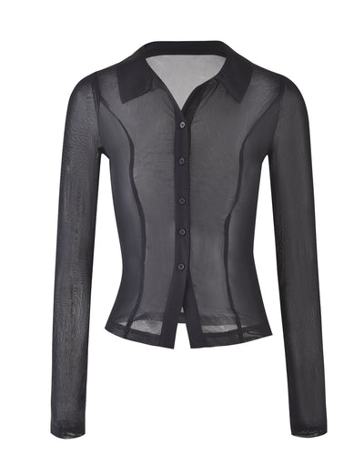 The AHLING LONG SLEEVE TOP - BLACK by TIGERMIST is a sheer, black blouse featuring a collared neckline and button-down front. Made from mesh fabrication, it is semi-transparent with a fitted, slightly tailored design that is lightweight and slightly textured.