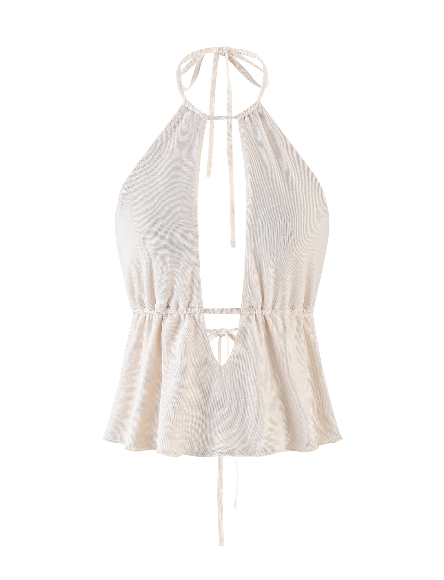 The BIRDEE TOP - WHITE : CREAM by TIGERMIST is a sleeveless halter top featuring a deep V-neckline and neck ties. It boasts a gathered, cinched waist and a slightly flared hem, crafted from soft and flowy fabric in light beige.