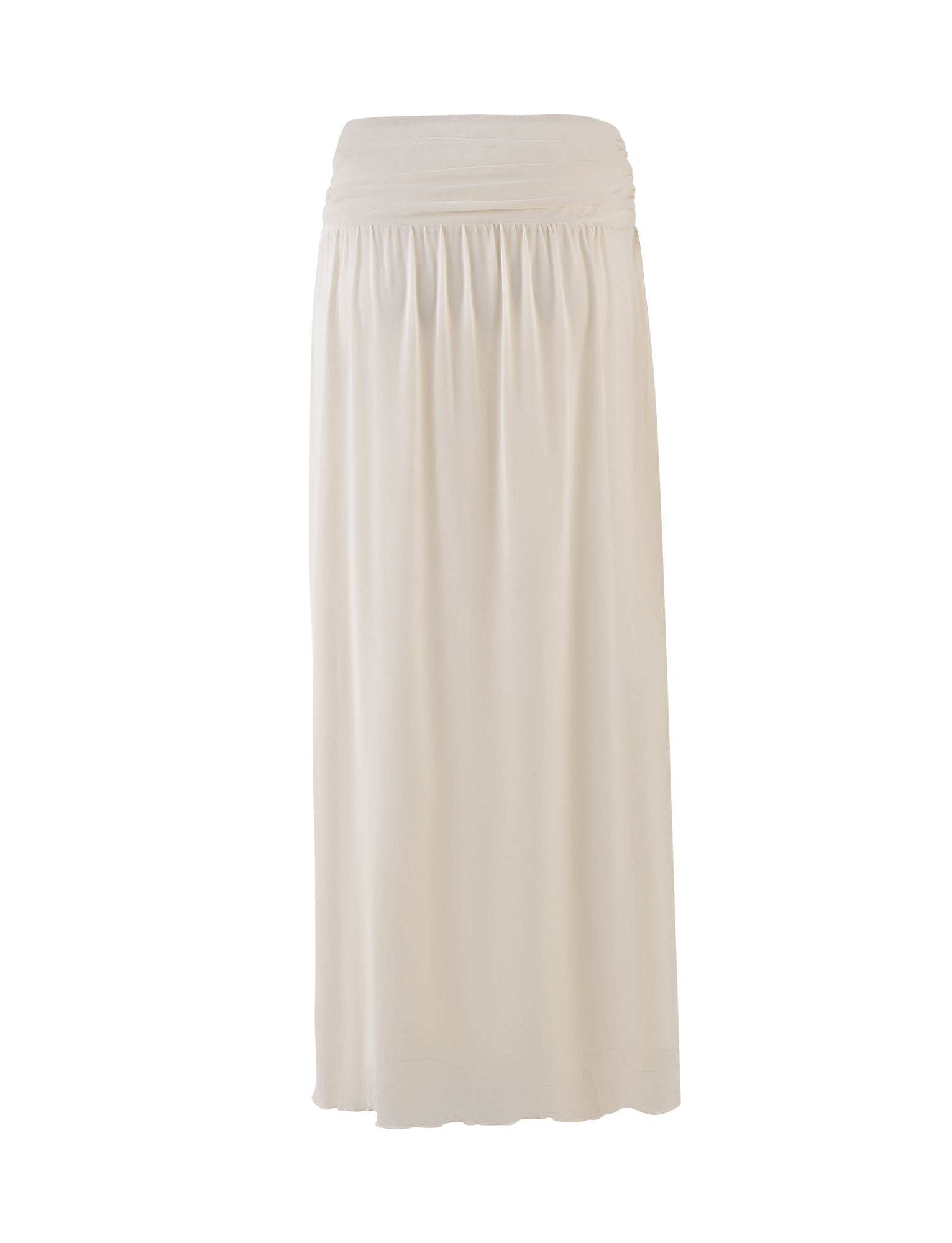 A full-length, cream high-waisted BIRDEE SKIRT from TIGERMIST displayed against a plain white background. The skirt features a gathered, slightly pleated waistband that flows into a smooth, loose, and straight silhouette.