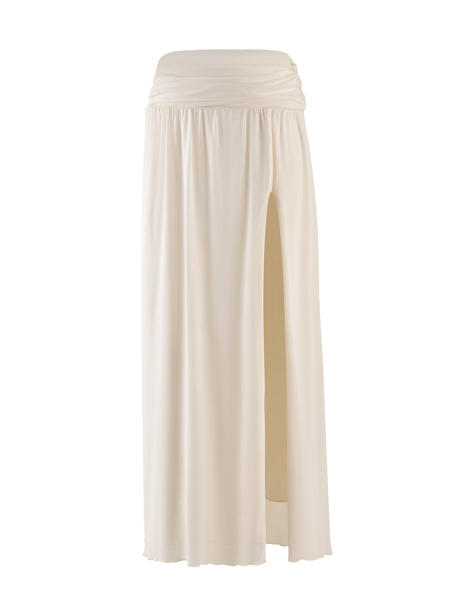 The BIRDEE SKIRT - WHITE : CREAM by TIGERMIST is a long, white skirt with a high waistband and a side slit that extends to the mid-thigh. Featuring ruched detail around the waistband, this design is crafted from lightweight fabric for effortless elegance.