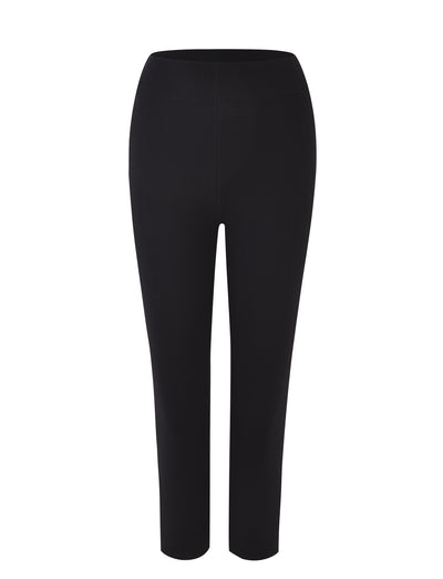 Image of the LEDGER CAPRI - BLACK leggings by TIGERMIST displayed against a white background. The leggings feature a high-rise waist and an elastic waistband, offering a bodycon fit with a slim, fitted silhouette extending to the ankles.