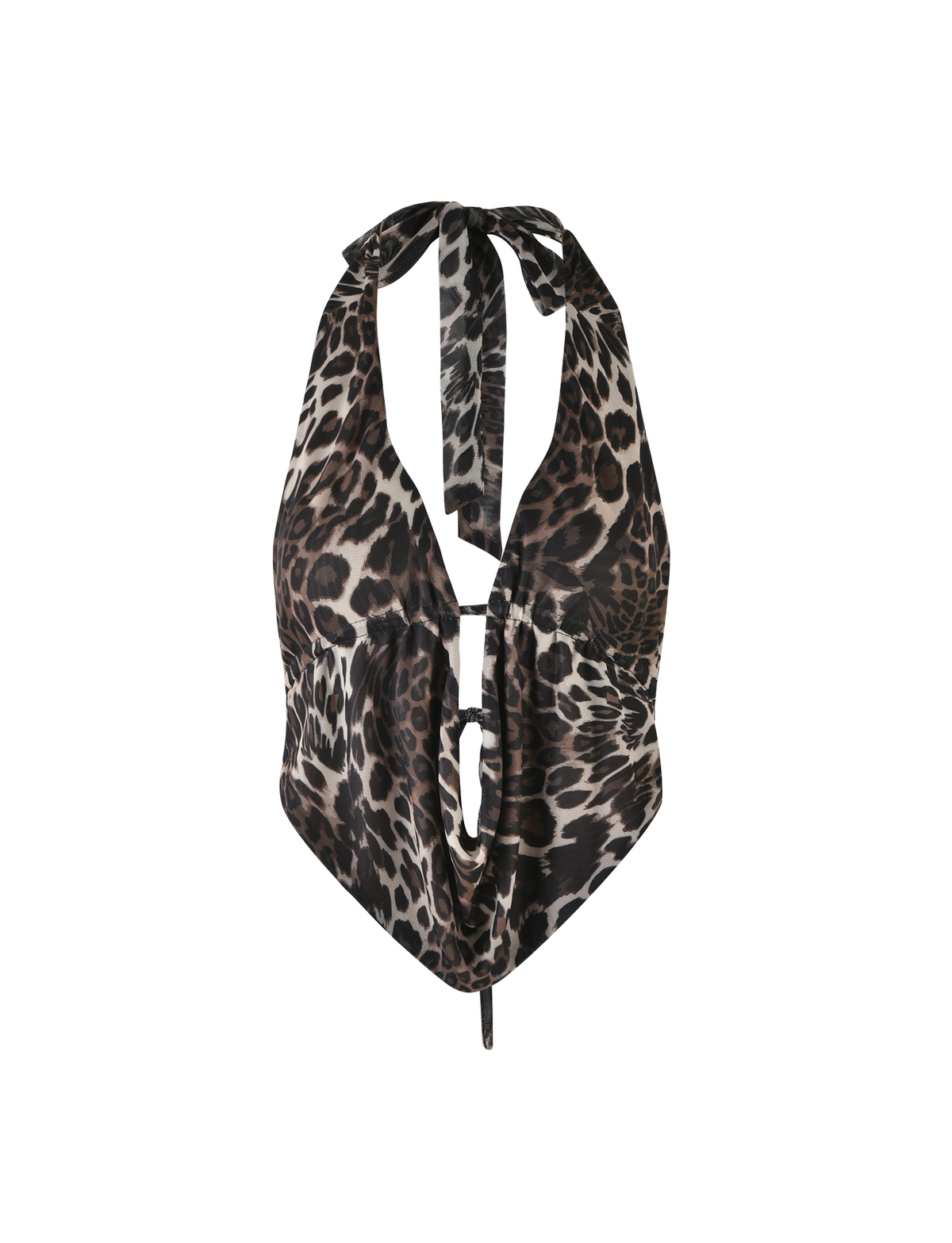 The PEARL TOP - MULTI : LEOPARD by TIGERMIST is a sleeveless, high-stretch crop top with a plunging halter neckline, tie neck, front cutout detail, and bold brown and black leopard print.