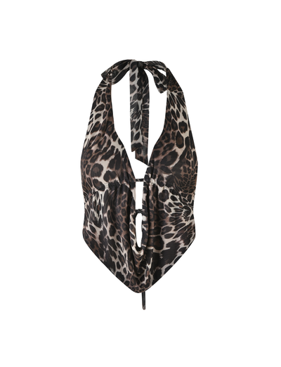The PEARL TOP - MULTI : LEOPARD by TIGERMIST is a sleeveless, high-stretch crop top with a plunging halter neckline, tie neck, front cutout detail, and bold brown and black leopard print.