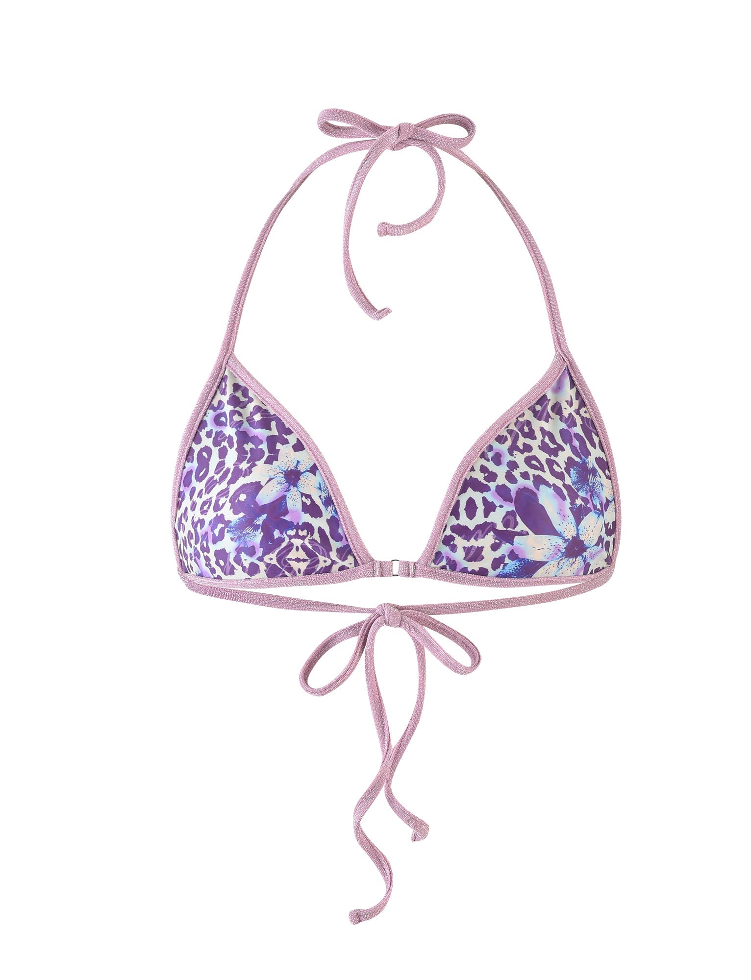 The DIANA BIKINI TOP by TIGERMIST features a halter neck and back tie closures. This blue bikini top showcases a vibrant 'Poppy Leopard' pattern, blending leopard spots and floral designs in various shades of purple and white.