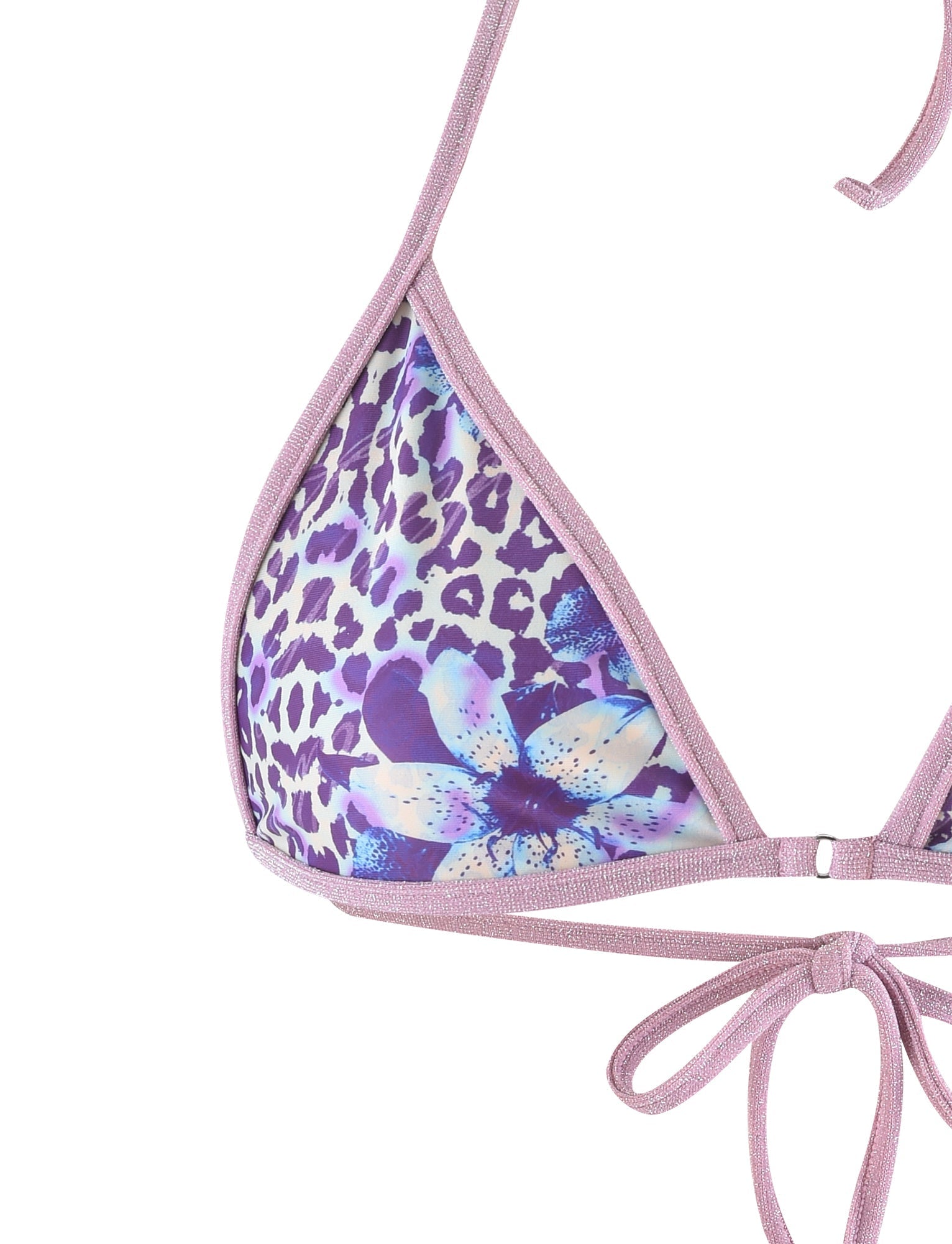 Close-up image of the TIGERMIST Diana Bikini Top in blue by Poppy Leopard. The fabric showcases a mixed pattern of leopard spots and large floral designs. This bikini top features a halter neck and a tie at the back.