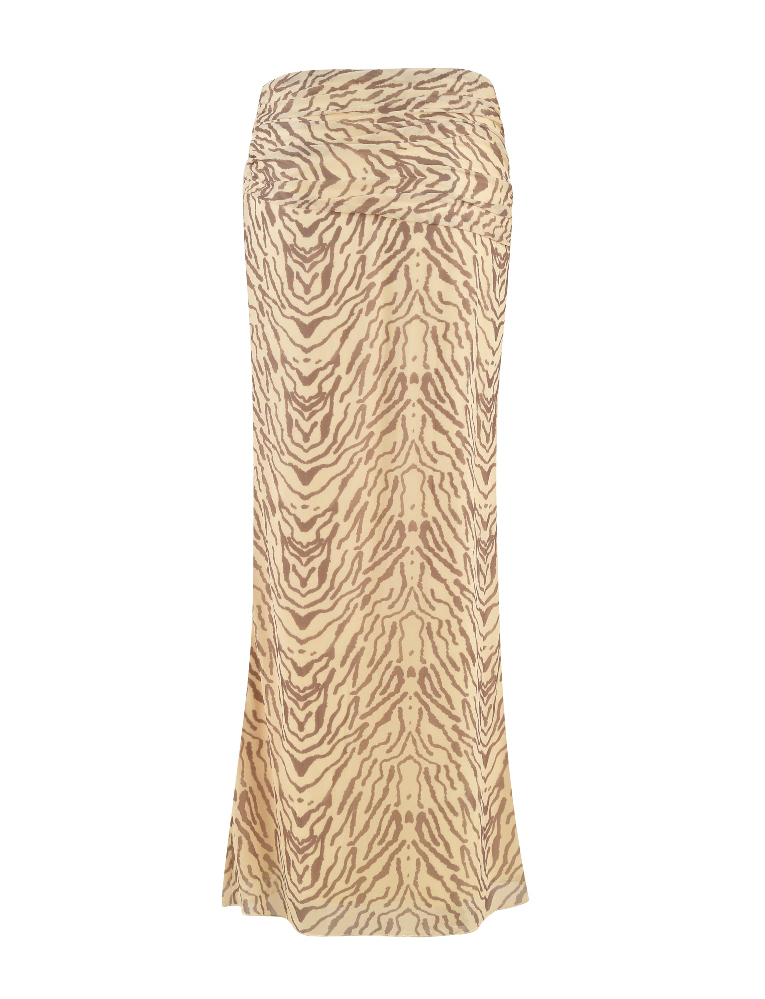 A yellow maxi skirt from TIGERMIST called the RUMER SKIRT, featuring an all-over zebra stripe pattern. It has a high waist and is fitted at the top, flowing out slightly at the hem. The fabric is lightweight and elegant, reminiscent of a beige tiger stripe maxi skirt but without a high split or low-rise waist.