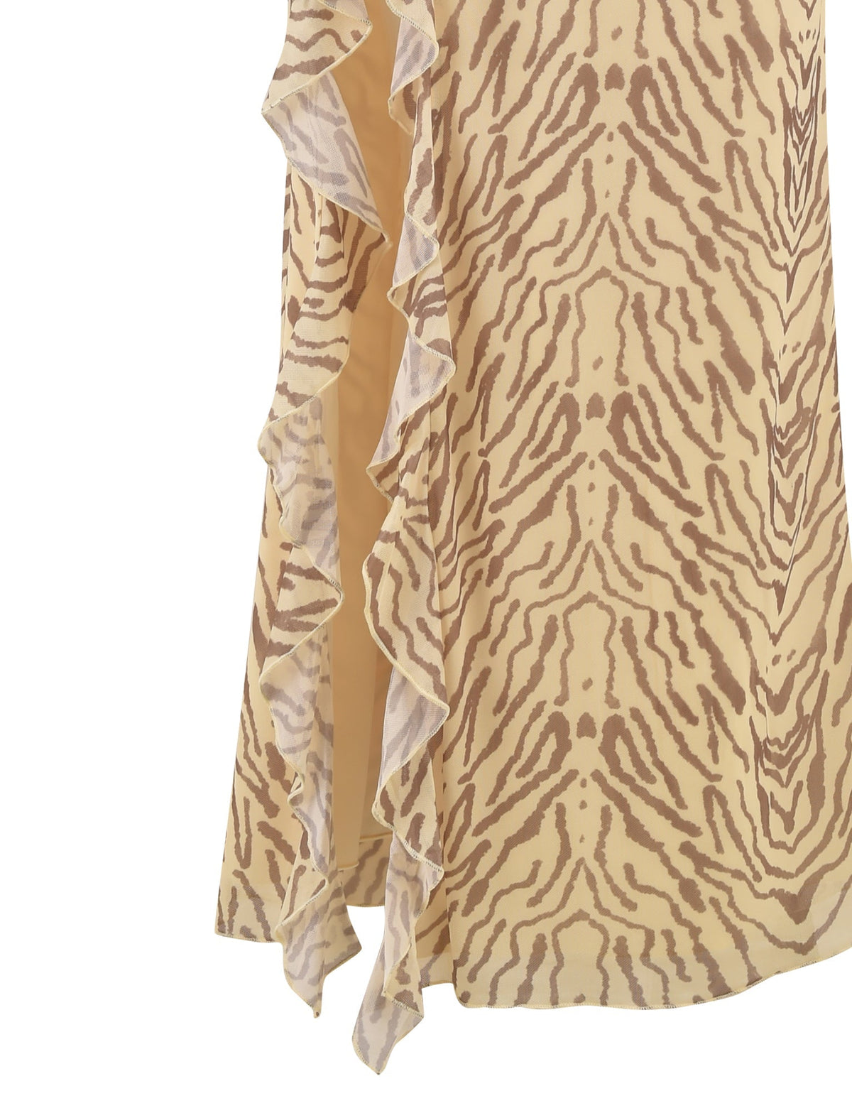 A detailed close-up of the TIGERMIST RUMER SKIRT - YELLOW : ZEBRA, showcasing its distinct brown animal print pattern and elegant ruffled trim along the high split edge.