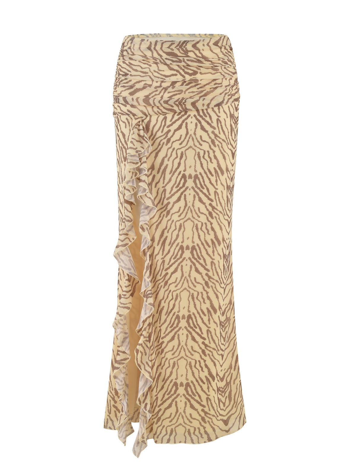 The RUMER SKIRT - YELLOW : ZEBRA by TIGERMIST is a high-waisted maxi skirt adorned with a beige and brown patterned design, showcasing an animal print in vibrant hues of yellow zebra. It features a wavy, ruffled trim running down the left side and exudes a stylish, flowing appearance against a plain white background.