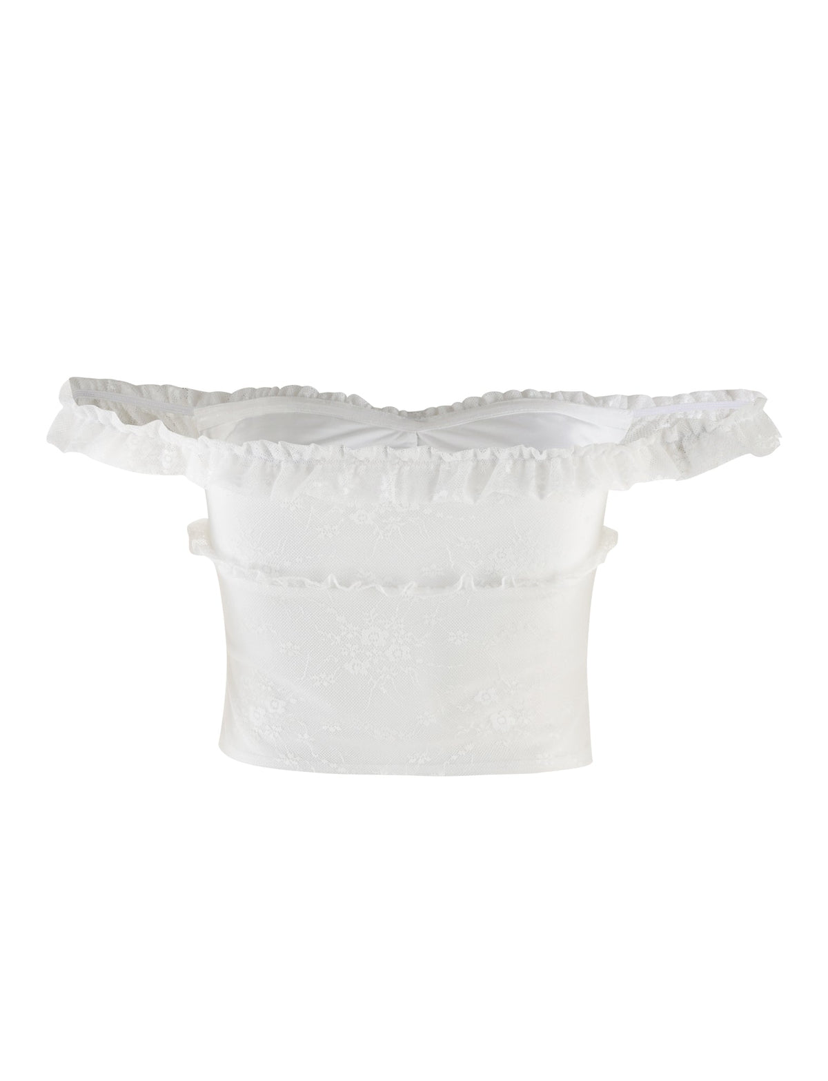 The BENTON TOP - WHITE by TIGERMIST is a strapless, off-the-shoulder top featuring ruffled details along the neckline. It has a subtle floral pattern and a sheer mesh bodice that fits snugly around the waist.