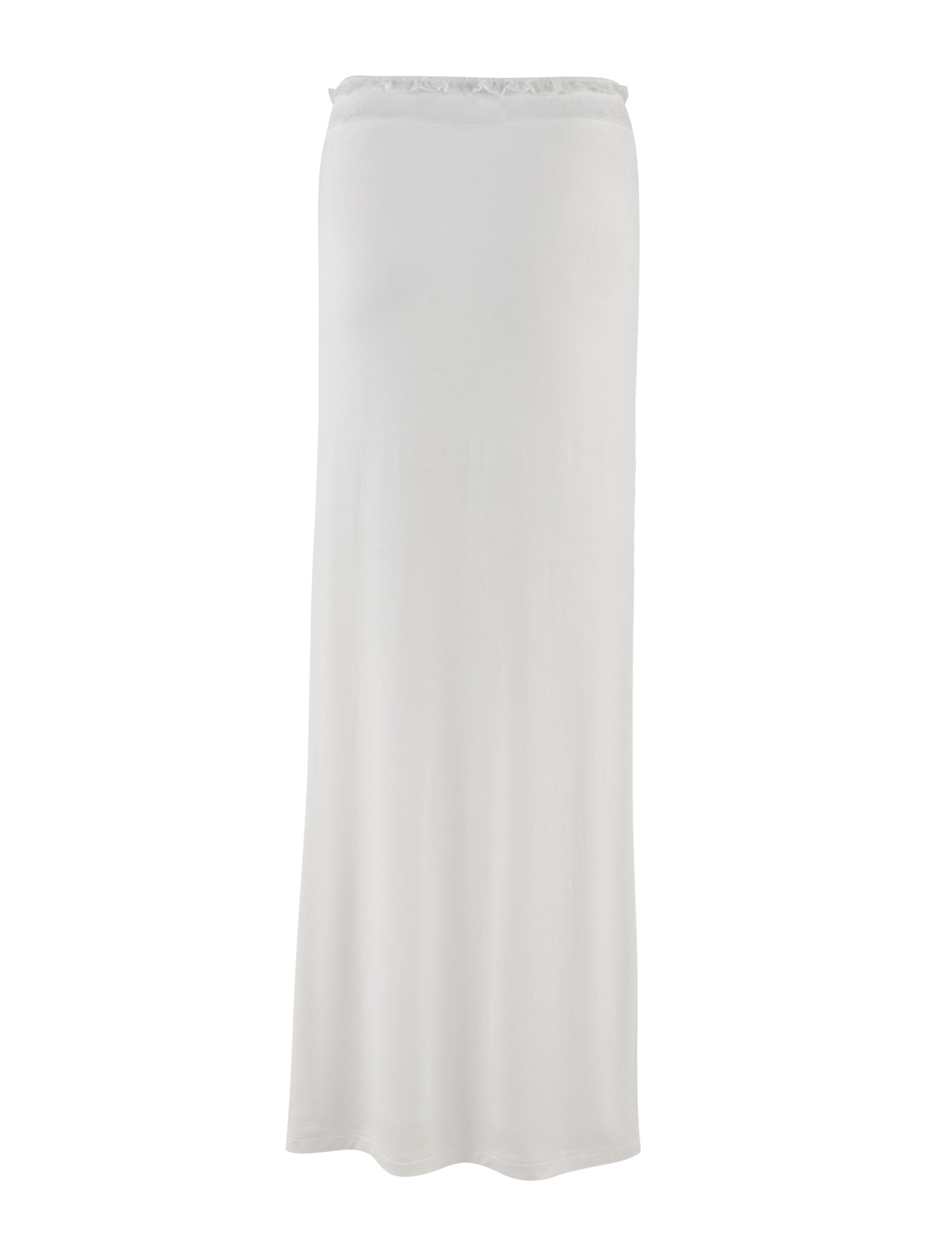 The BENTON SKIRT - WHITE by TIGERMIST is a white maxi skirt with a straight, minimalist design. This skirt boasts a smooth and seamless appearance, extending to ankle length, and features a simple lace waistband. Crafted from lightweight fabric, it is perfect for both casual and formal occasions.