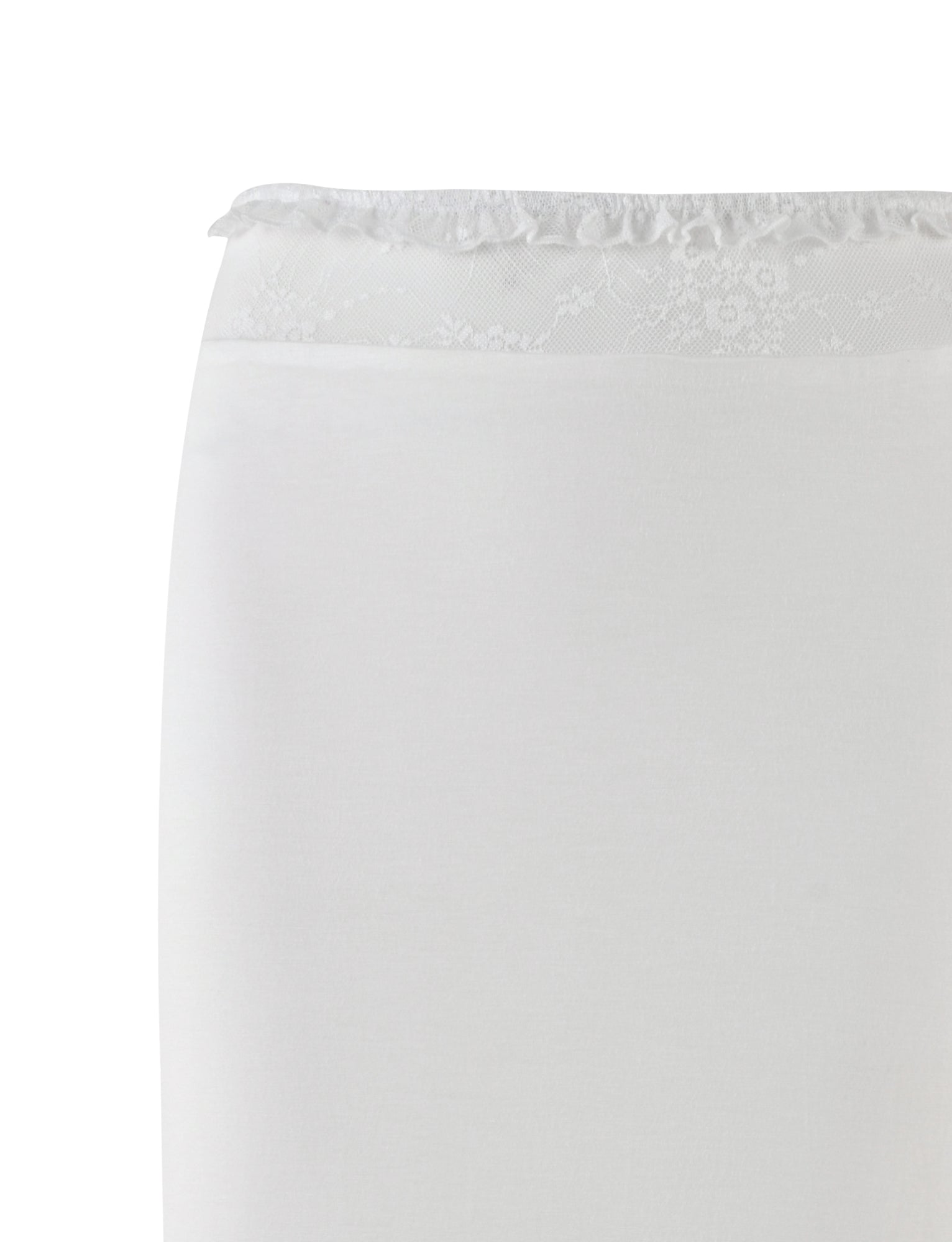 The BENTON SKIRT - WHITE by TIGERMIST features a white fabric with a delicate floral lace trim along the top edge, hinting at a refined lace waistband. The material has a smooth and slightly fitted appearance, suggesting elegance and sophistication. Set against a plain white background, this garment exemplifies simplicity and style in its design.