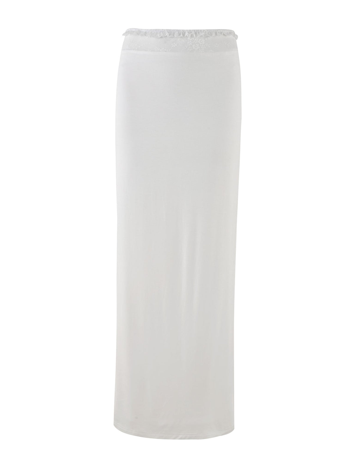 The BENTON SKIRT - WHITE by TIGERMIST showcased on a plain white background, is a long, straight maxi skirt extending from the low rise waist to the ankles. It features a smooth and elegant flow complemented by a delicate lace waistband that adds a touch of sophistication.