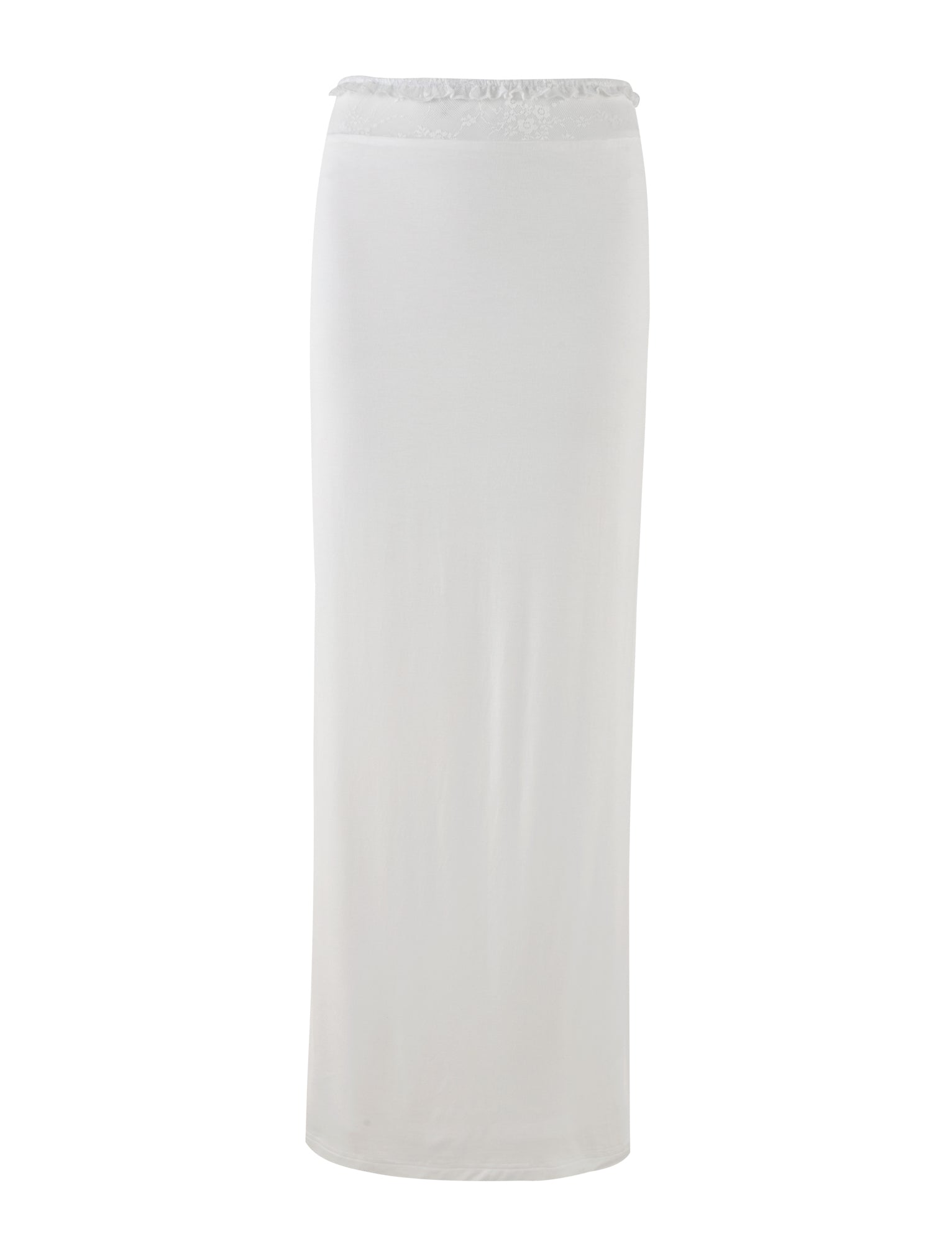 The BENTON SKIRT - WHITE by TIGERMIST showcased on a plain white background, is a long, straight maxi skirt extending from the low rise waist to the ankles. It features a smooth and elegant flow complemented by a delicate lace waistband that adds a touch of sophistication.