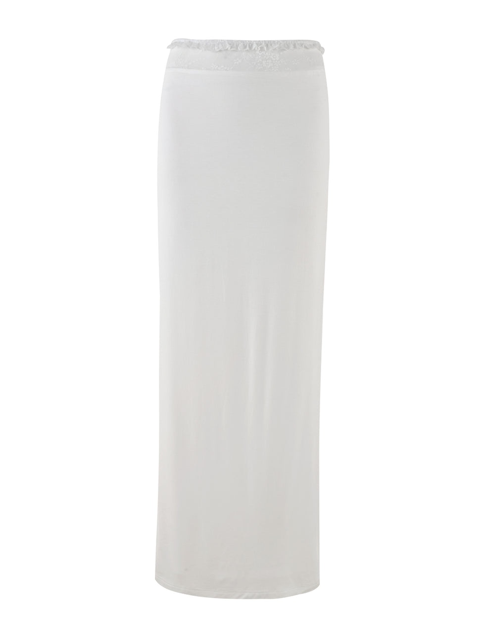 The BENTON SKIRT - WHITE by TIGERMIST showcased on a plain white background, is a long, straight maxi skirt extending from the low rise waist to the ankles. It features a smooth and elegant flow complemented by a delicate lace waistband that adds a touch of sophistication.