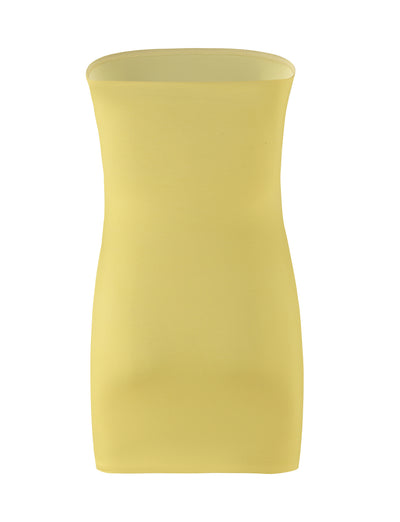 The AMBROSE DRESS - YELLOW : BUTTER by TIGERMIST is showcased against a white background. The stretchy jersey fabric exudes a smooth and snug fit, with a bodycon design that extends from the chest to the waist.