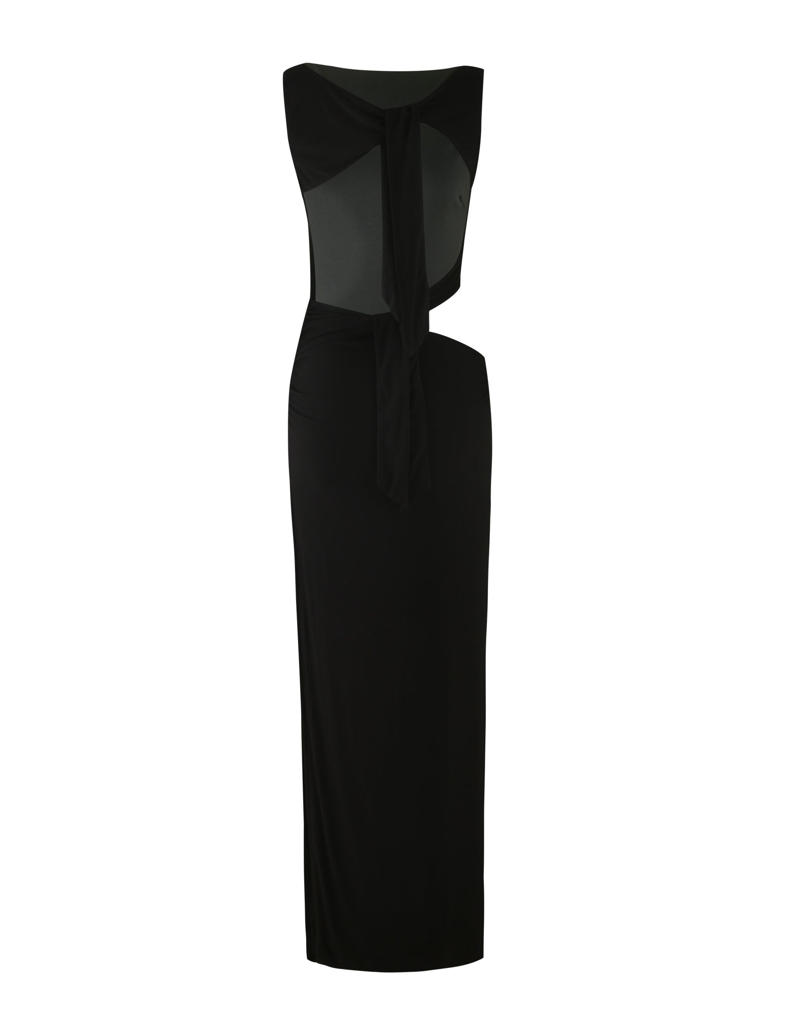 Introducing the CASPIAN DRESS - BLACK by TIGERMIST: a stunning black, strapless bodycon dress featuring a unique cutout design on the bodice with an asymmetrical sash detail. This form-fitting, maxi-length dress exudes a sleek and elegant appearance perfect for any occasion.
