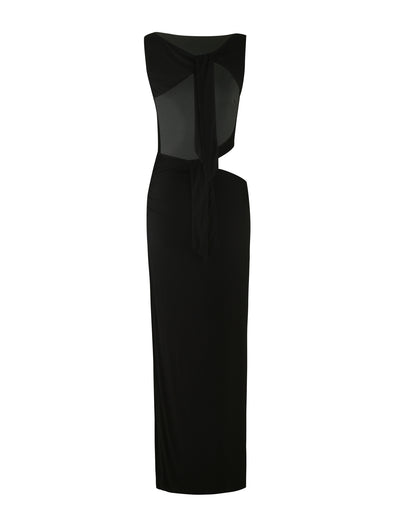 Introducing the CASPIAN DRESS - BLACK by TIGERMIST: a stunning black, strapless bodycon dress featuring a unique cutout design on the bodice with an asymmetrical sash detail. This form-fitting, maxi-length dress exudes a sleek and elegant appearance perfect for any occasion.