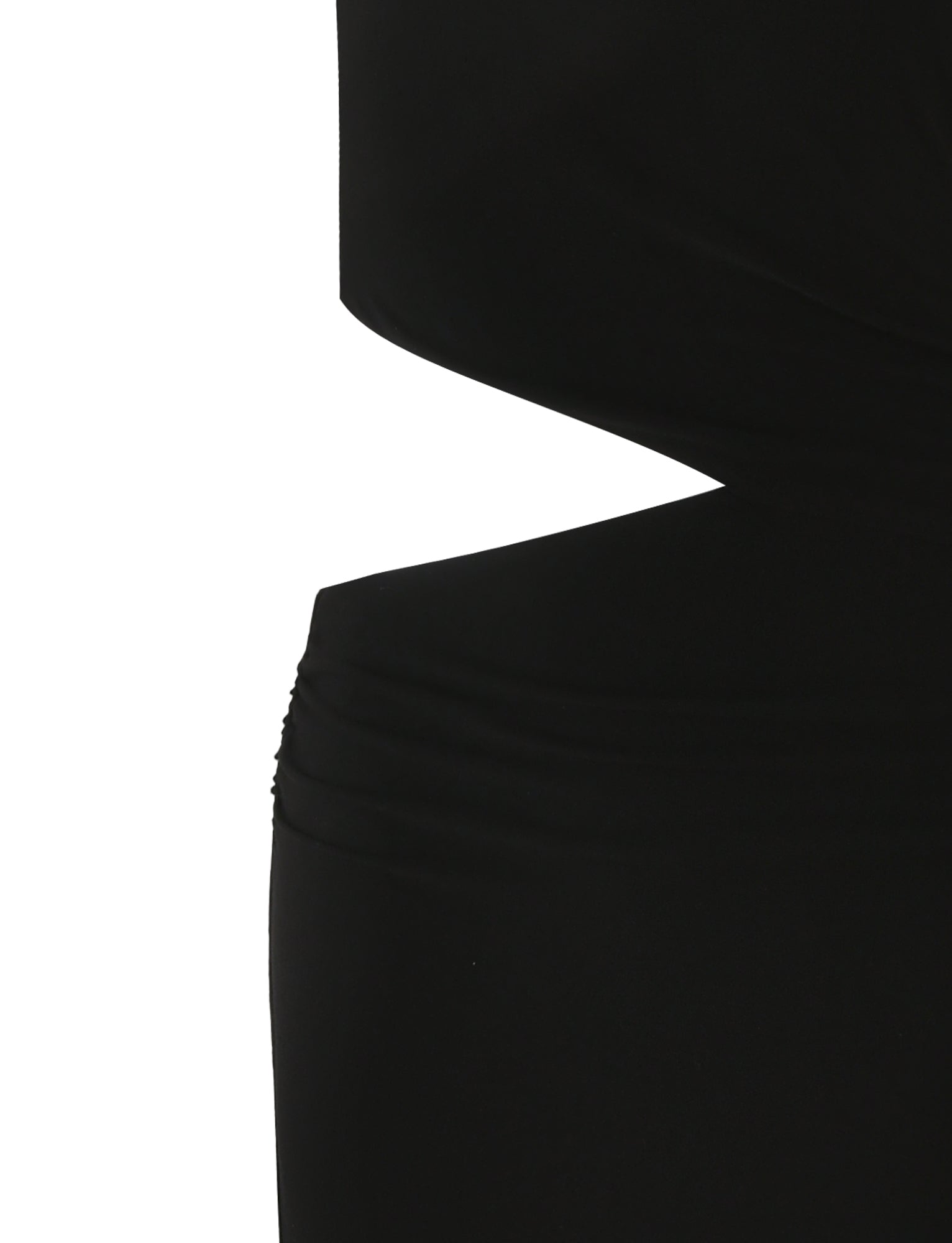 Close-up view of the TIGERMIST CASPIAN DRESS - BLACK, showcasing the waist and midsection area with a unique design that creates an elegant silhouette. The smooth and sleek fabric emphasizes the dress's bodycon fit against a white background.