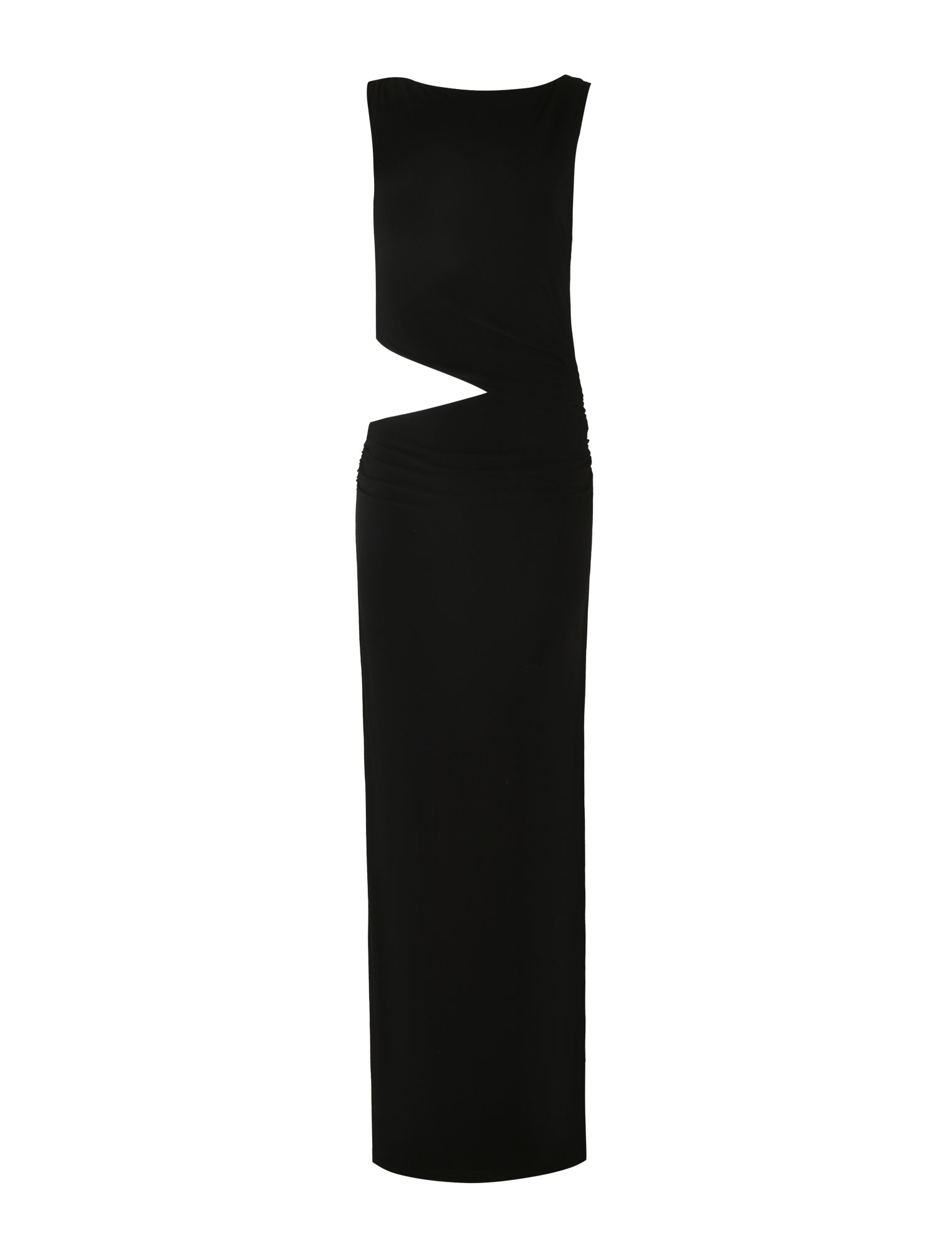 The CASPIAN DRESS - BLACK by TIGERMIST is a sleek, sleeveless bodycon dress featuring an asymmetrical cutout at the waist. This long, maxi-length gown has a high neckline and a unique cutout that creates a stylish wrap effect across the midsection, exposing a portion of the wearer’s torso.