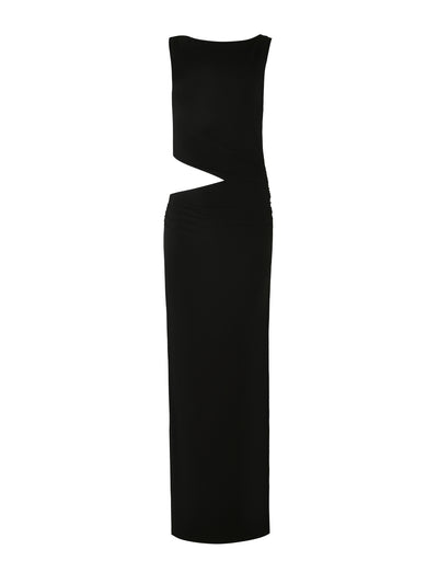 The CASPIAN DRESS - BLACK by TIGERMIST is a sleek, sleeveless bodycon dress featuring an asymmetrical cutout at the waist. This long, maxi-length gown has a high neckline and a unique cutout that creates a stylish wrap effect across the midsection, exposing a portion of the wearer’s torso.