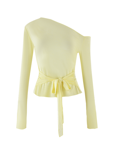 TIGERMIST BRYNA JUMPER in pale lemon features a light yellow asymmetric knit design with one shoulder exposed, long sleeves, fitted waist, and an adjustable front fabric tie for a flattering gathered effect.