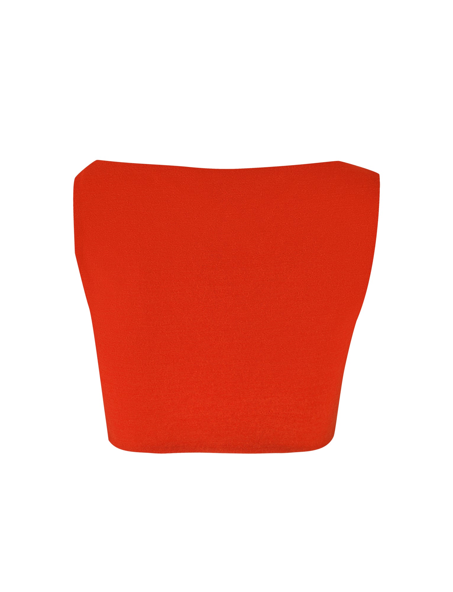 The PAXTON TOP - RED : OMBRE by TIGERMIST is a vibrant red, strapless, sleeveless crop top featuring a bodycon fit and cropped length, displayed against a white background.