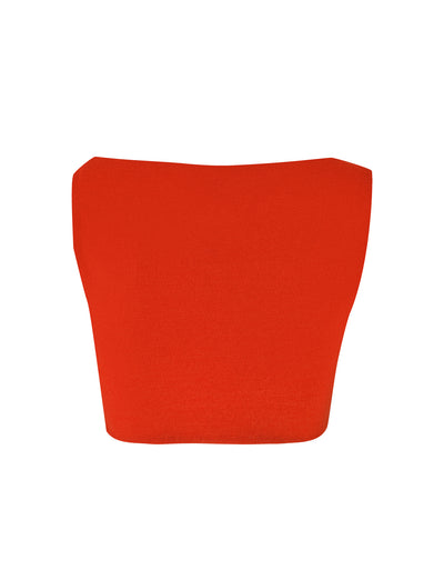The PAXTON TOP - RED : OMBRE by TIGERMIST is a vibrant red, strapless, sleeveless crop top featuring a bodycon fit and cropped length, displayed against a white background.