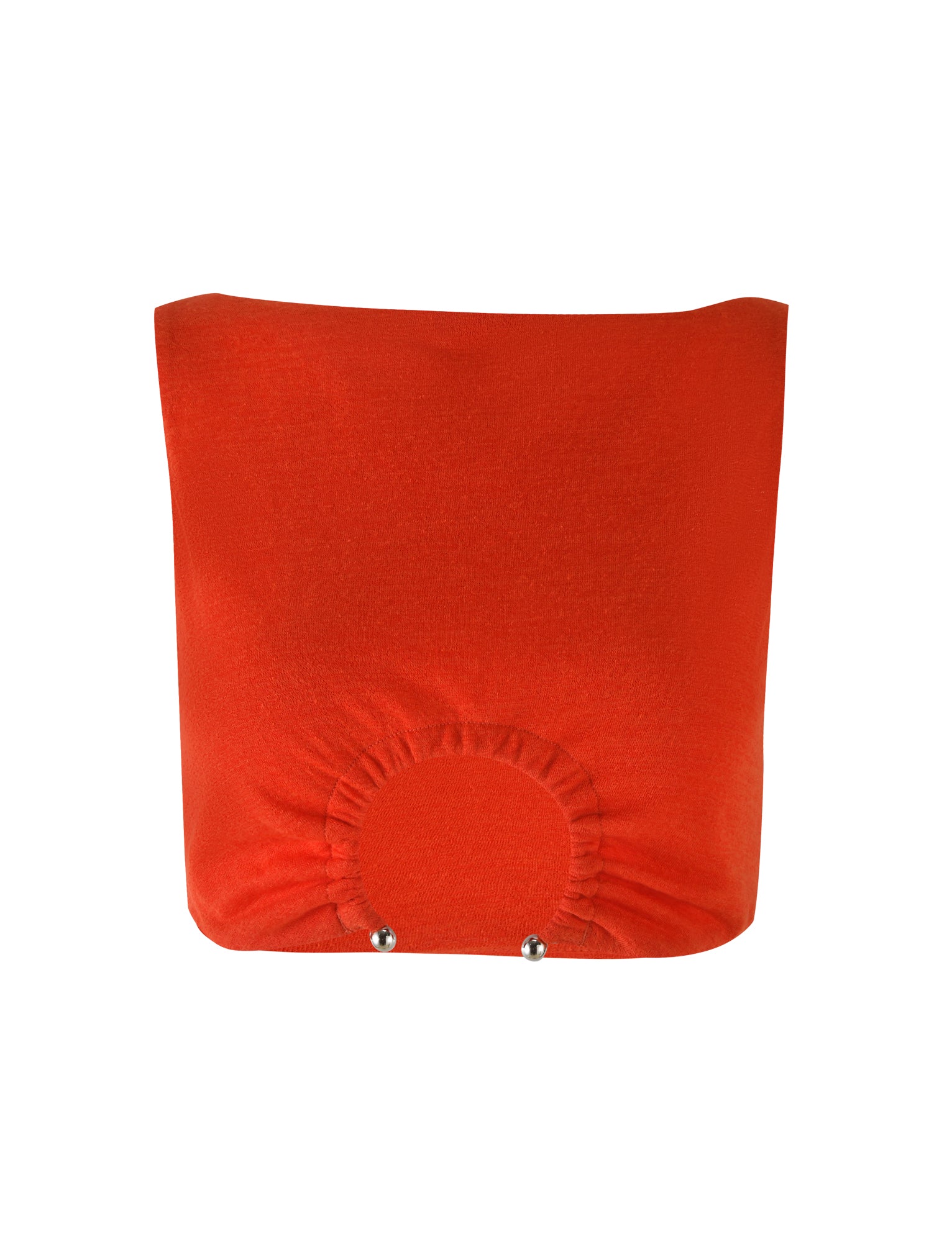 The PAXTON TOP - RED : OMBRE by TIGERMIST is a vibrant seat cover with a red, ombre fabric that boasts a smooth texture. This eye-catching cover features an elasticized bottom with two visible metal snaps to ensure a snug, bodycon fit for your seat. The fabric drapes elegantly over the seat like a stylish red mesh tank top, providing both flair and neatness.