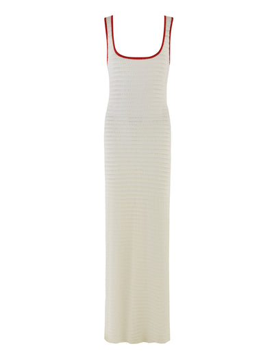 Presenting the MARLEIGH DRESS - WHITE by TIGERMIST: An elegant, sleeveless, ankle-length crochet dress in ivory featuring a fitted silhouette. This chic white ensemble boasts a square neckline accented with a striking red trim.