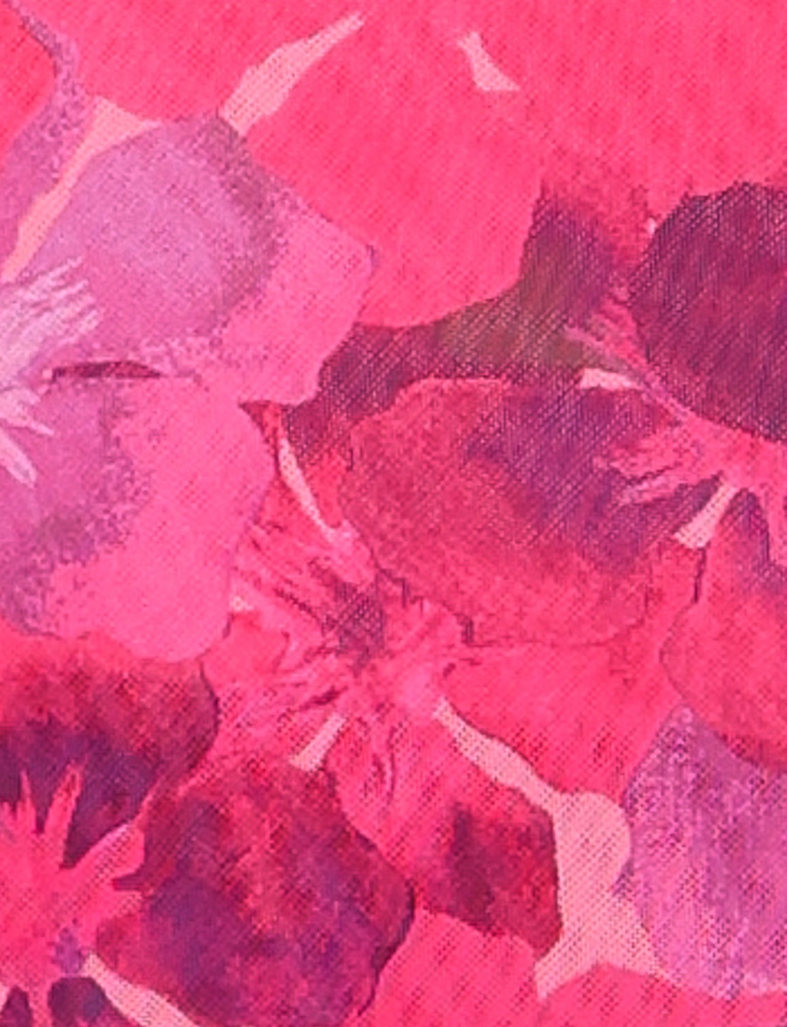 A vibrant floral pattern featuring various shades of pink, purple, and red. The flowers overlap, creating a dense bouquet effect against a pink textured background with visible brushstrokes. Inspired by this design, the AMETHYST SKORT - PINK : HIBISCUS from TIGERMIST with its low rise waist and mesh fabrication adds a touch of artistry to your wardrobe.