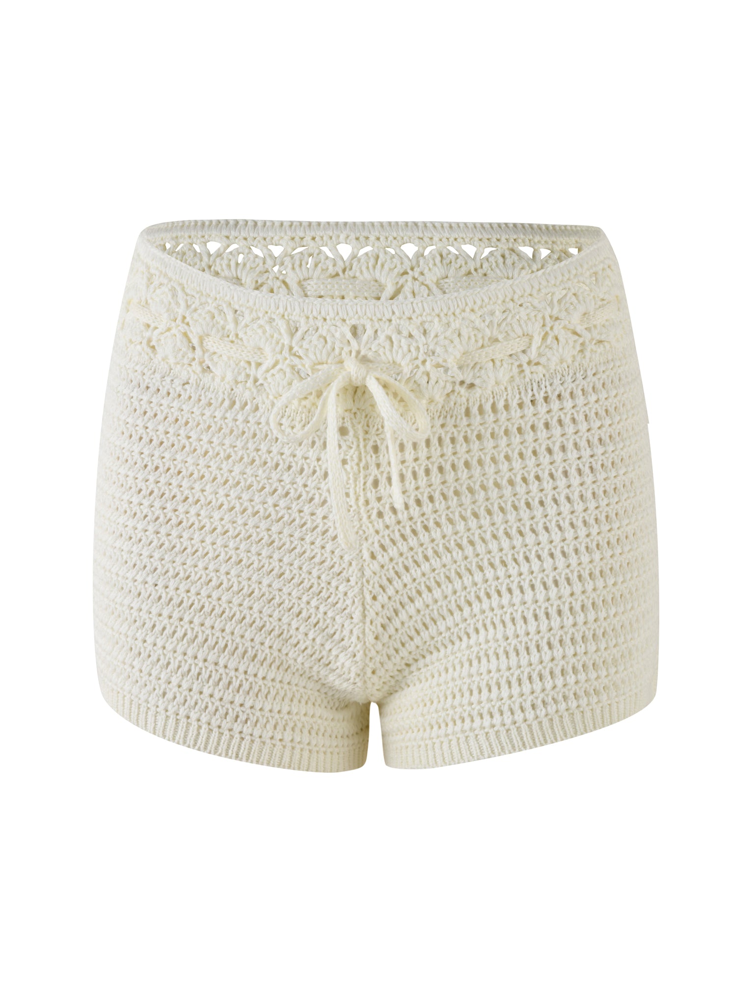 The JONAS SHORT - WHITE : CREAM by TIGERMIST showcases crocheted cream-colored shorts with a delicate floral pattern at the waistband, a drawstring tie at the front, and intricate contrast stitching. These super mini length shorts offer a handmade, cozy look perfect for any casual outing.