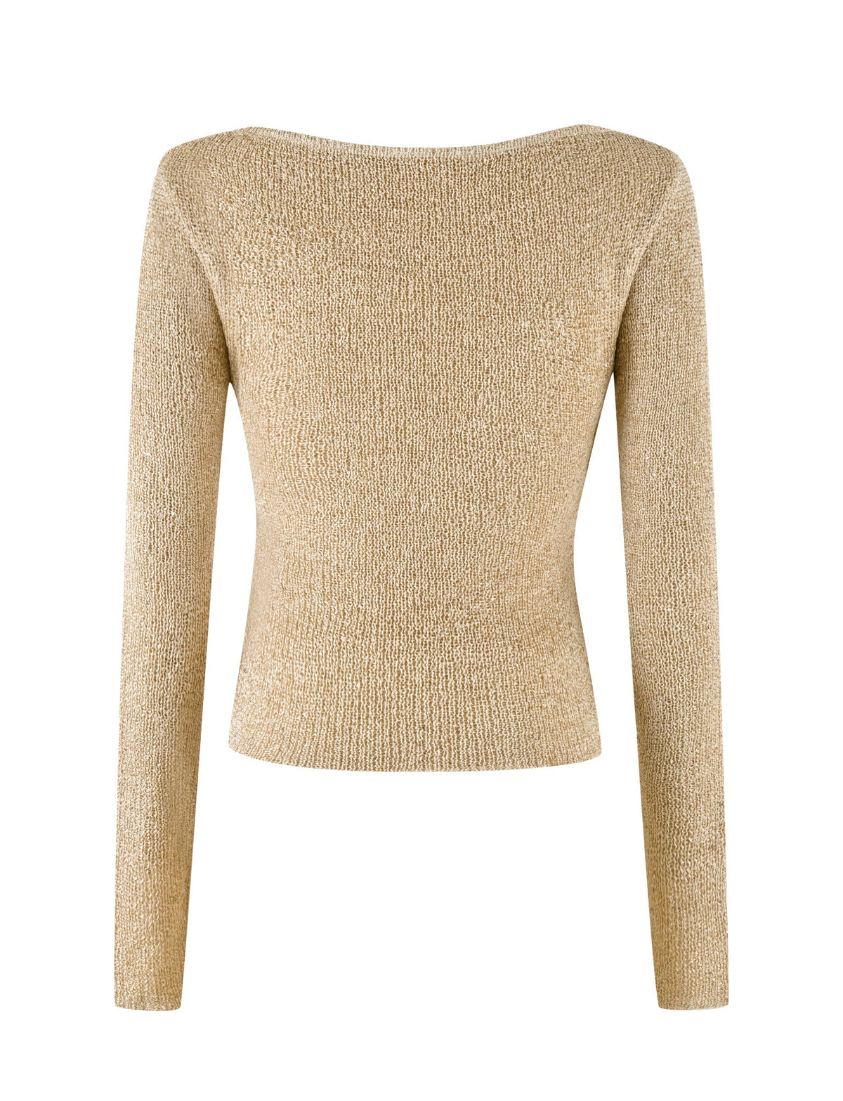 Introducing the CONNELL TOP - GOLD by TIGERMIST: A long-sleeve, shimmery gold top featuring a boat neckline and sequin-adorned fabric that subtly reflects light. This form-fitting, lightweight masterpiece is captured beautifully from the back.