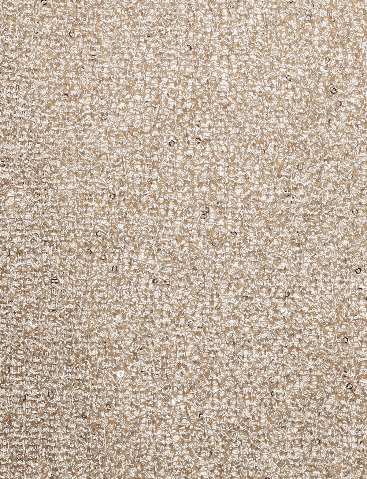 Close-up of the CONNELL TOP - GOLD by TIGERMIST, showcasing a textured beige fabric with intricate stitching and small metallic elements dispersed throughout, creating a sparkly effect. The pattern appears uniform and repetitive, providing an elegant and luxurious feel, enhanced by subtle sequin details.